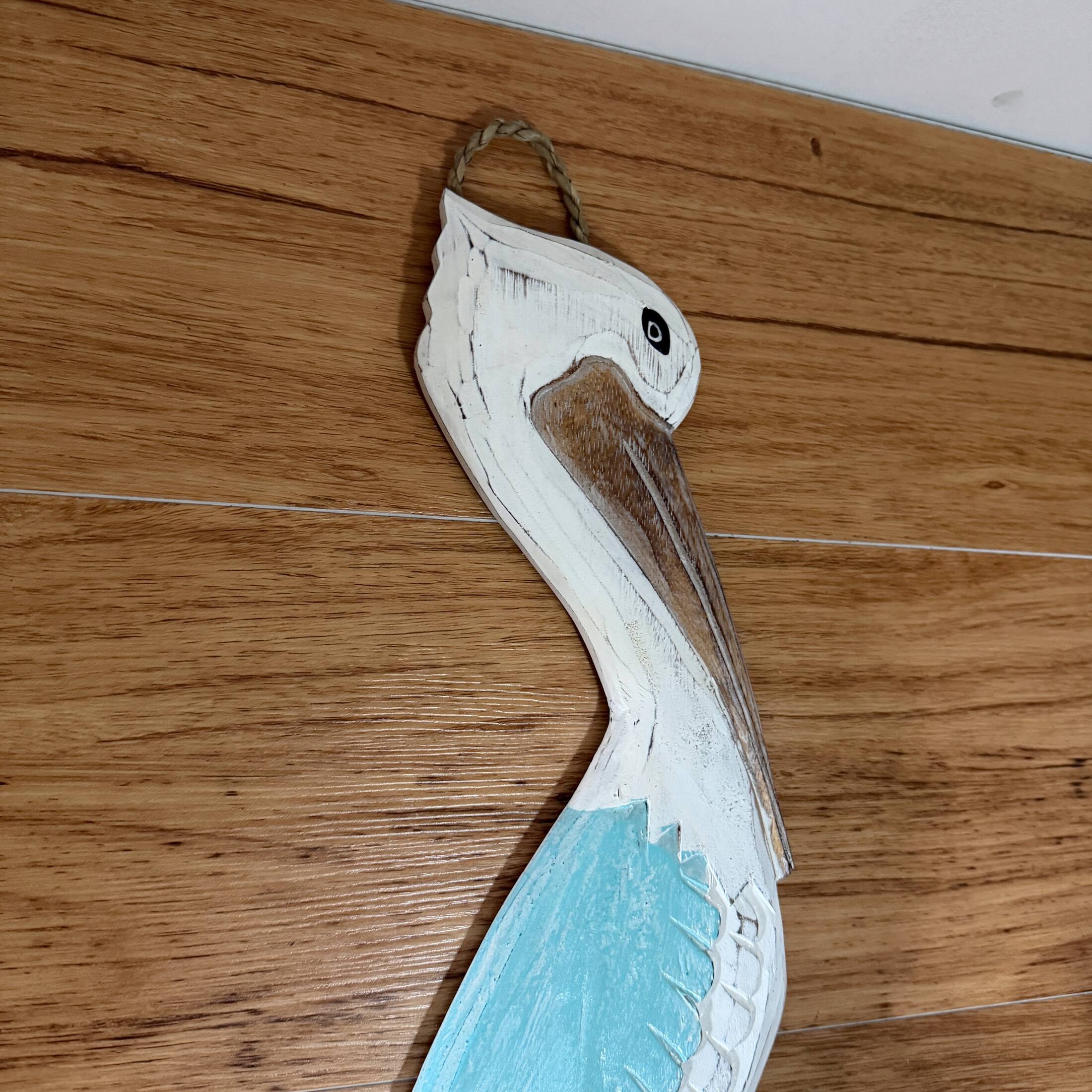 Alt View 7. Chesapeake Bay - Hand Carved Wood Pelican Wall Plaque Aqua Coastal Rope Accent 24 Inch - Aqua.