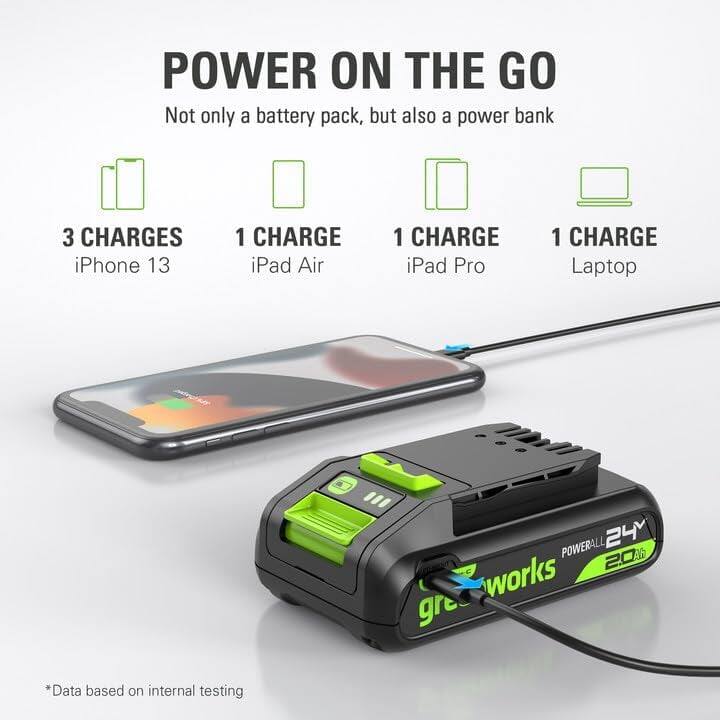 POWER ON THE GO  
Not only a battery pack, but also a power bank  

3 CHARGES  
iPhone 13  

1 CHARGE  
iPad Air  

1 CHARGE  
iPad Pro  

1 CHARGE  
Laptop  

POWERALL 24  
20Ah  

*Data based on internal testing