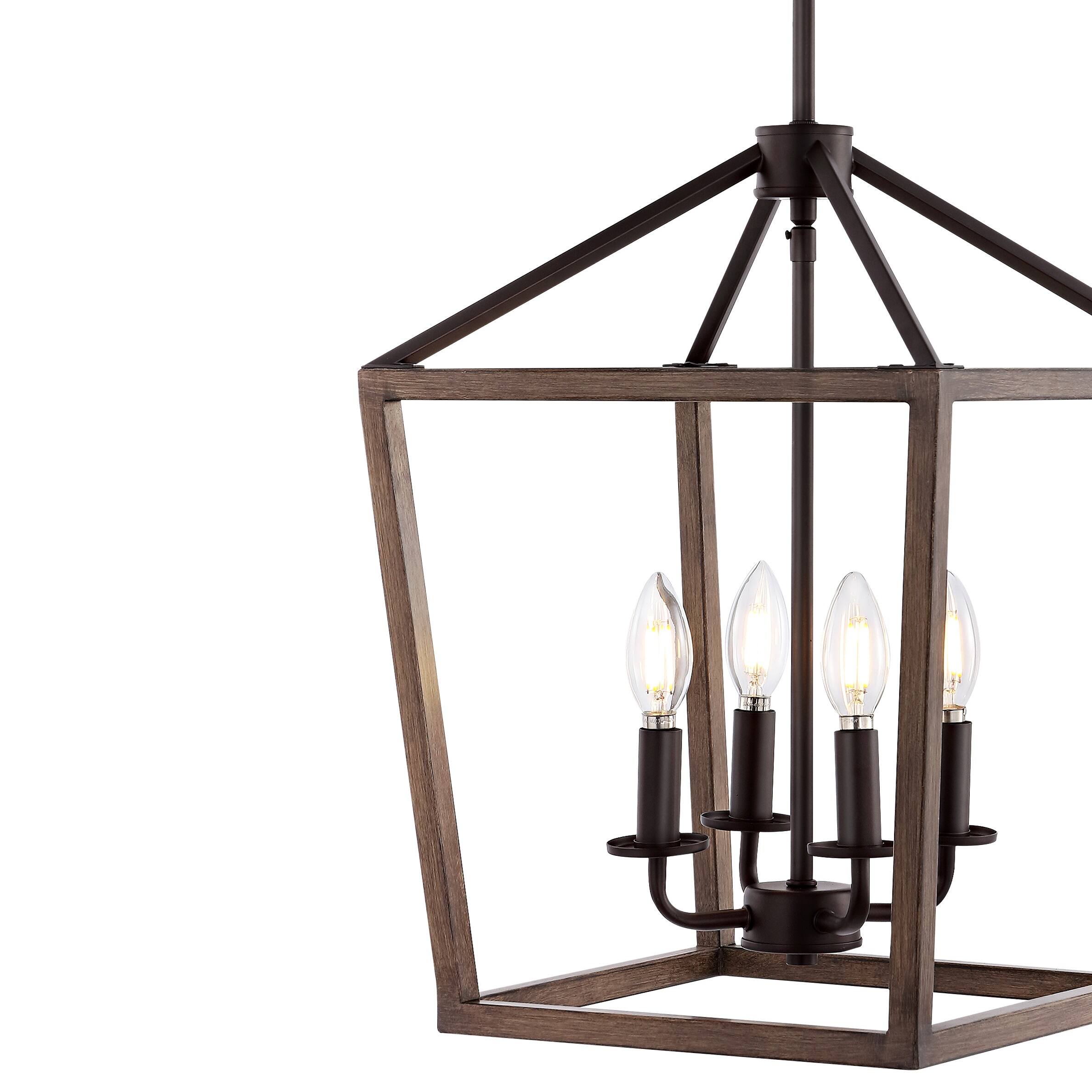Alt View 4. Jonathan Y - Oria 13" 4-Light Iron Farmhouse Industrial Lantern LED Pendant, Oil Rubbed Bronze/Faux Wood - Oil Rubbed Bronze.