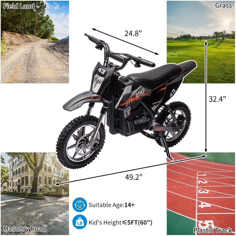 Field Land  
24.8"  
43 ROAD  
43  
32.4"  
NTOR  
49.2"  
Suitable Age: 14+  
Kid's Height ≤5FT (60")  
Masonry Road  
Plastic Track  
Grass