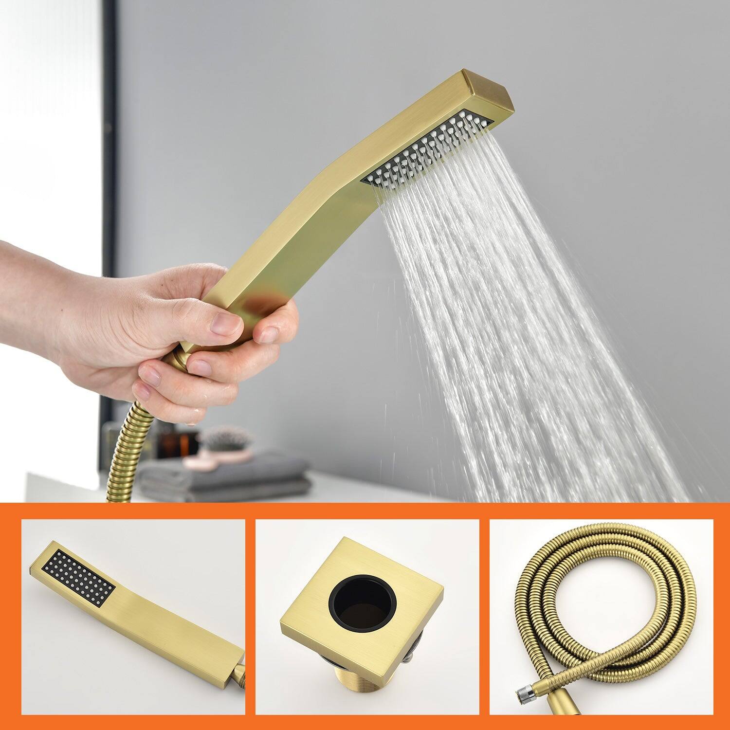 Alt View 9. Boyel Living - Brushed Gold Waterfall Bath Tub Faucet with Handheld Shower SUS304 Hot Cold Control 5 Hole Installation High Flow Rate - Brushed Gold.
