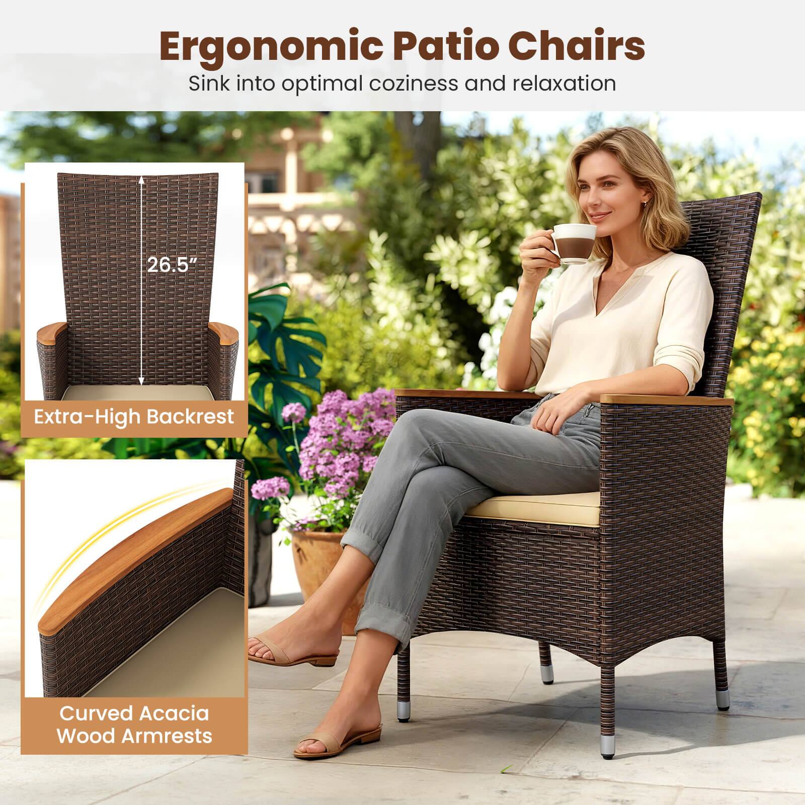 Ergonomic Patio Chairs  
Sink into optimal coziness and relaxation  

26.5" Extra-High Backrest  
Curved Acacia Wood Armrests