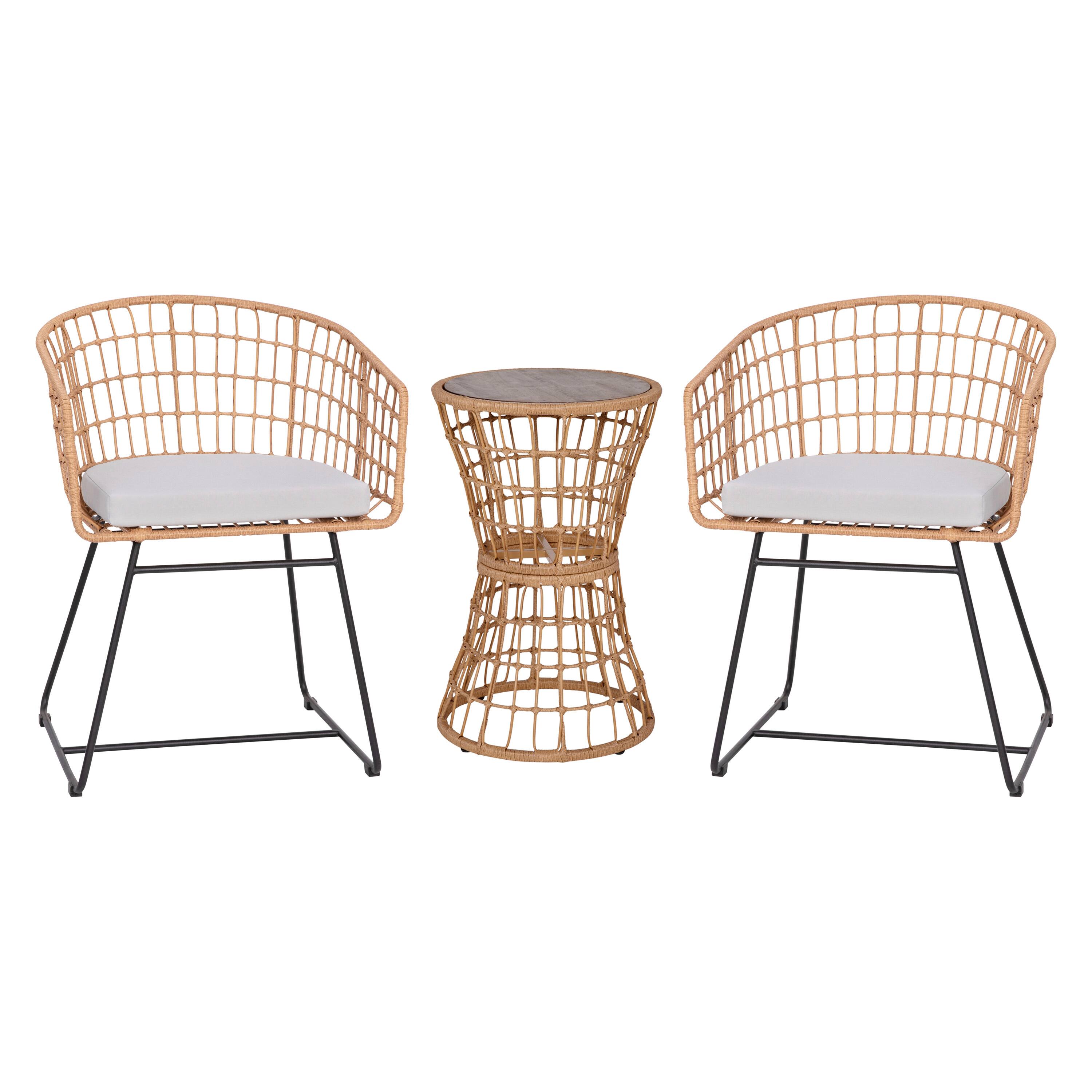Front. Emma + Oliver - Ari Three Piece All-Weather Rattan Rope Patio Set with Acacia Wood Top Side Table and Two Chairs with Cushions - Light Gray Cushions/Natural Frame.