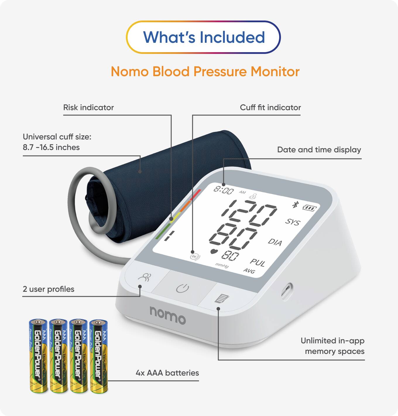 What's Included

Nomo Blood Pressure Monitor

- Risk indicator
- Cuff fit indicator
- Universal cuff size: 8.7 - 16.5 inches
- Date and time display
- 2 user profiles
- 4x AAA batteries
- Unlimited in-app memory spaces