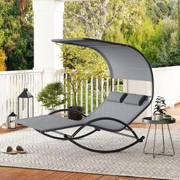 Gymax - Outdoor Double Chaise Rocker Rocking Daybed Sun Lounger w/ Sun Shade Canopy - Gray