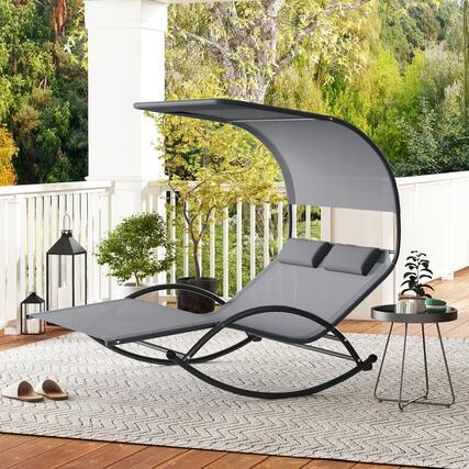 Front. Gymax - Gymax Outdoor Double Chaise Rocker Rocking Daybed Sun Lounger w/ Sun Shade Canopy - Gray.