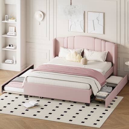 Front. APRILSOUL - Upholstered Platform Bed with Wingback Headboard One Twin Trundle and 2 Drawers No Box Spring Needed Queen Size Pink - Pink.