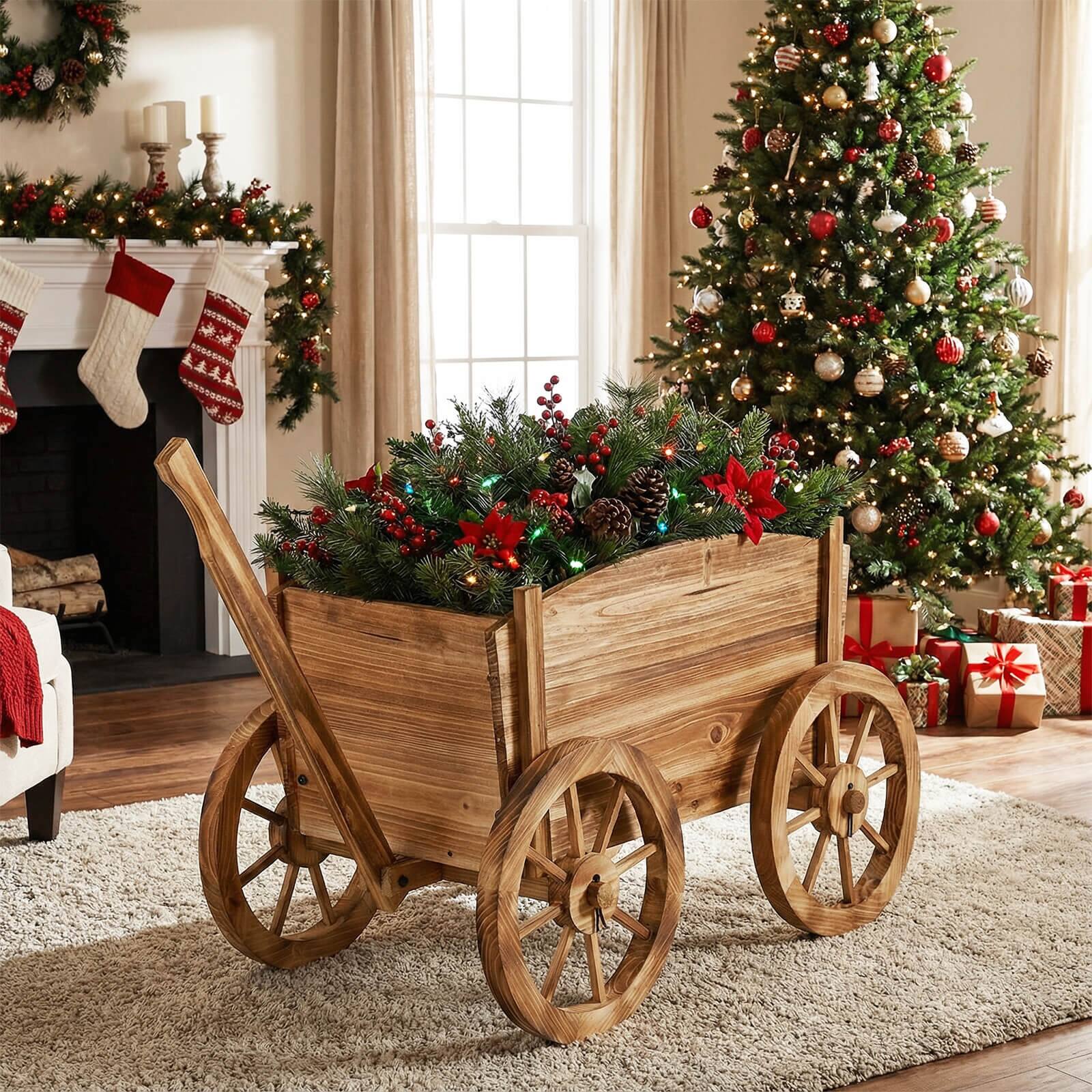 Alt View 1. Costway - Costway 2 PCS-Rustic Wood Wagon Planter with Wheels,Handle&Drainage Hole for Patio Garden - Natural.