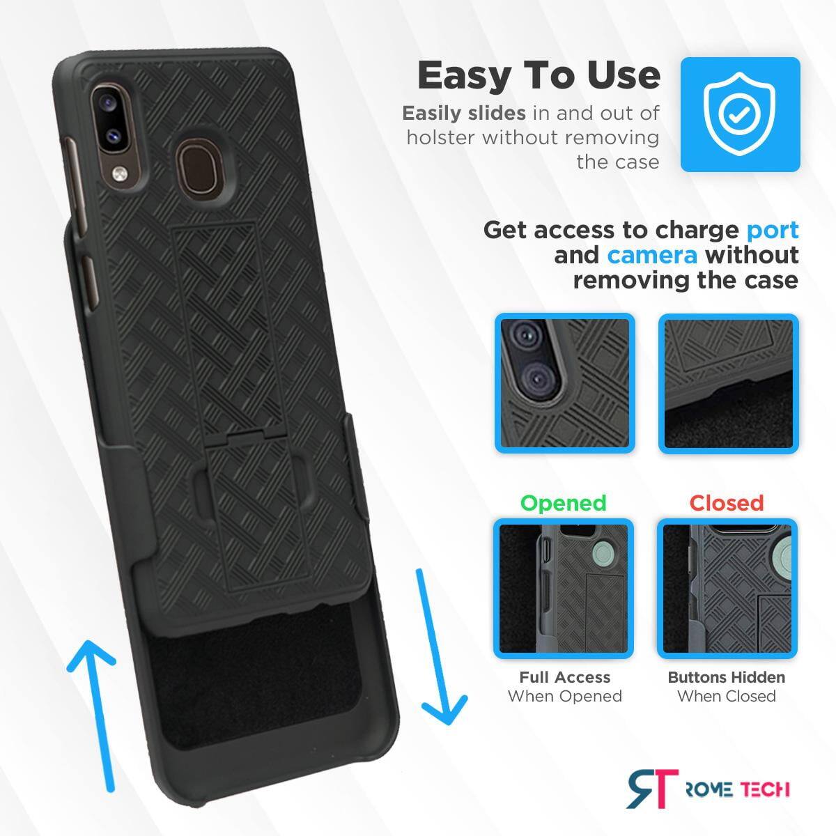 Easy To Use  
Easily slides in and out of holster without removing the case  

Get access to charge port and camera without removing the case  

Opened  
Full Access When Opened  

Closed  
Buttons Hidden When Closed  

ROME TECH