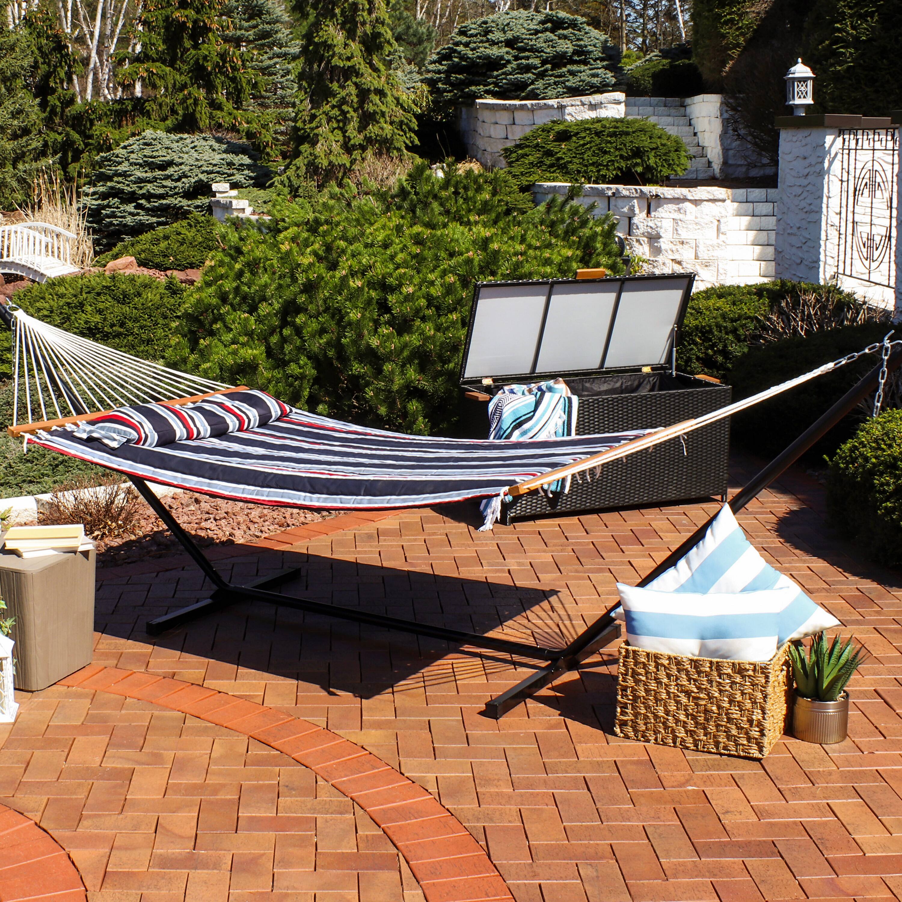 Alt View 6. Sunnydaze - Large Quilted Fabric Hammock with Steel Stand - Nautical Stripe.