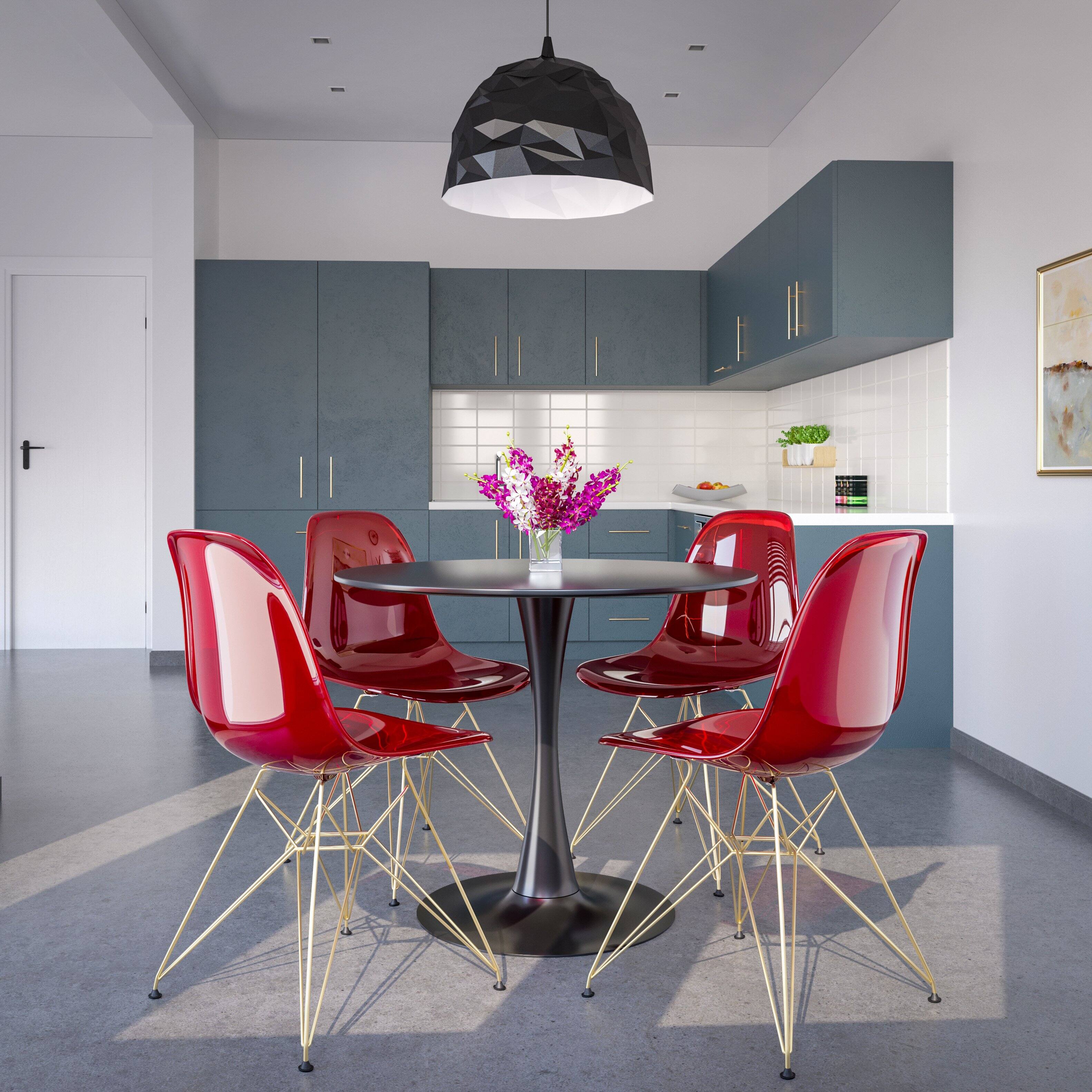 Angle. LeisureMod - Cresco 2-Pieces Acrylic Dining Chair with Curved Seat and Durable Gold Metal Legs - Transparent Red.