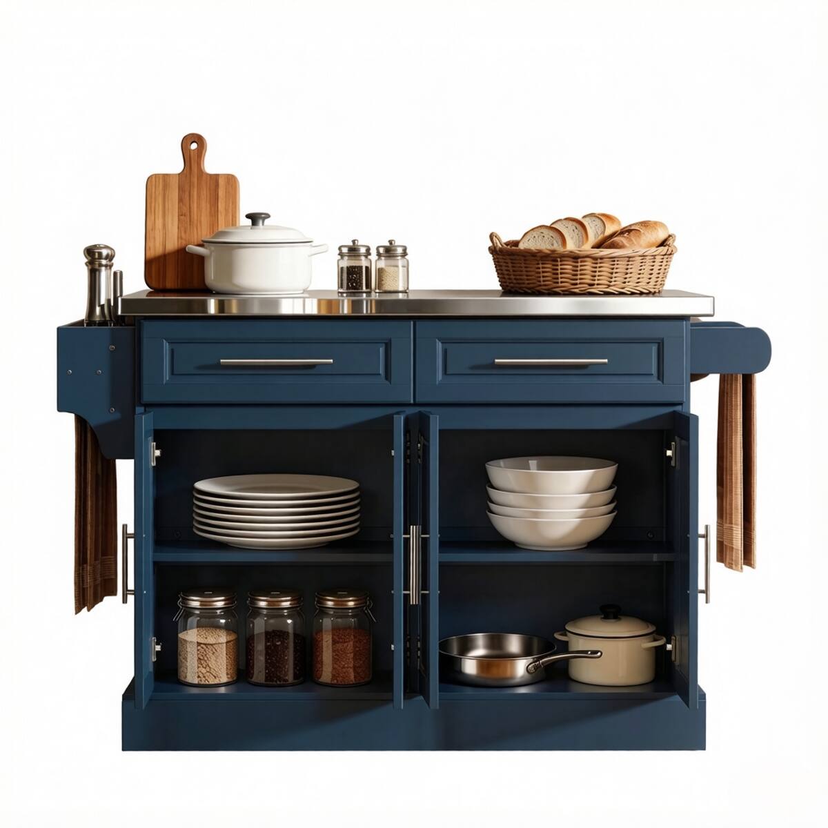 Alt View 4. Loheer - Loheer Navy Blue Rolling Kitchen Cart, Kitchen Island with Stainless Steel Top, 57-Inch Mobile Storage Cabinet - Navy Blue.