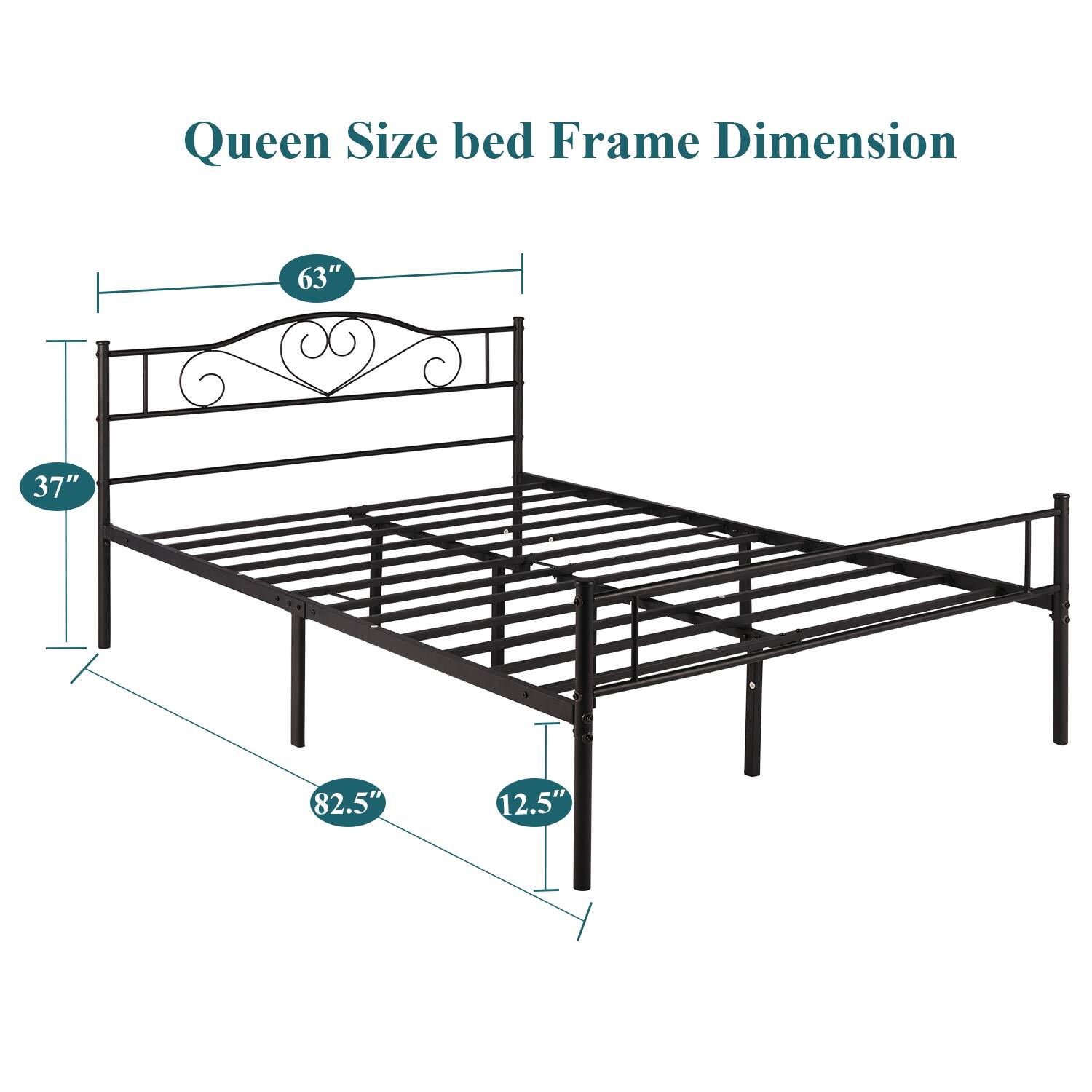 Queen Size bed Frame Dimension 63" 37" 82.5" 12.5"