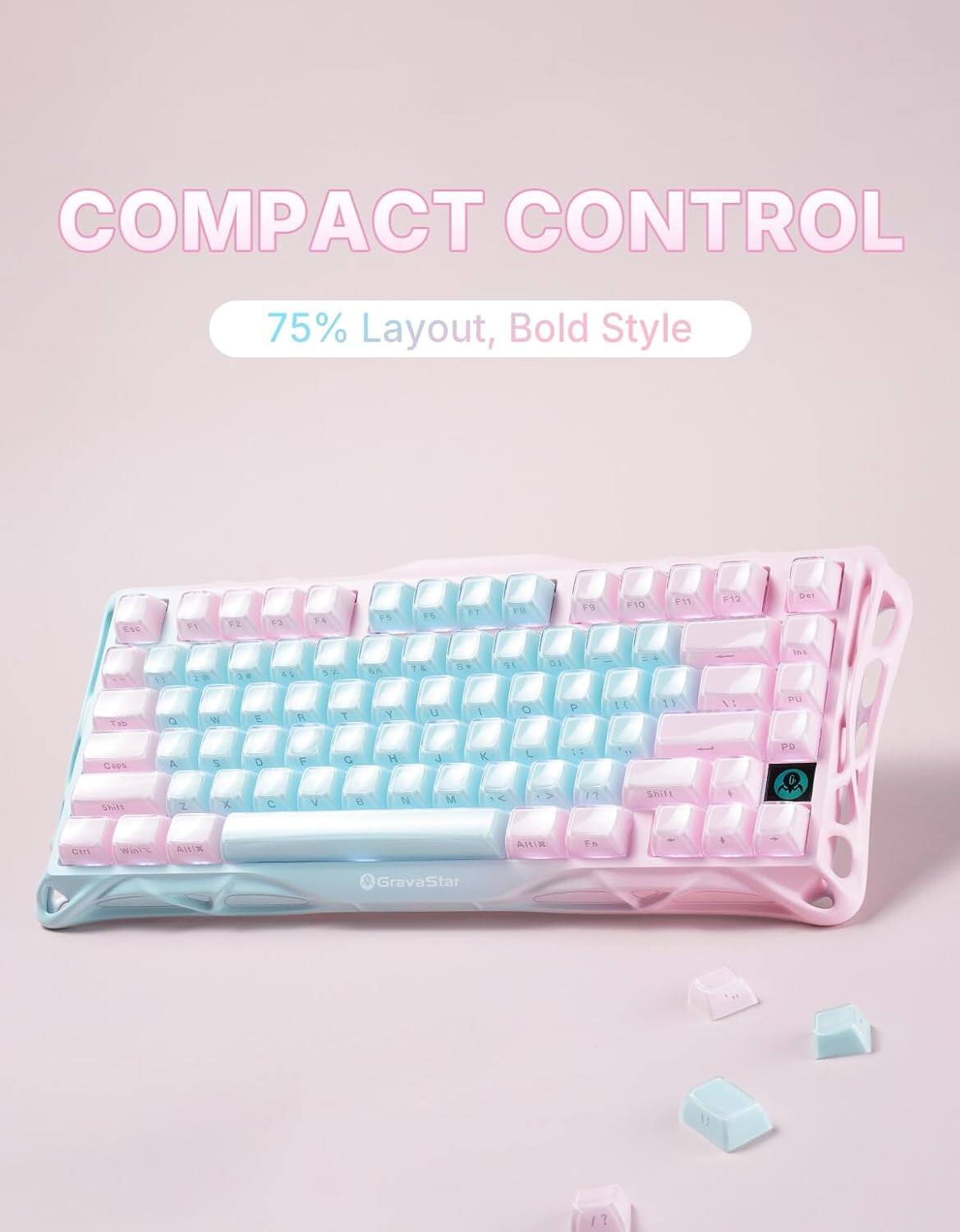 COMPACT CONTROL  
75% Layout, Bold Style  

F2 14 7 1A FS  
Fn 19 FID F11 012 Del 1 20 1 IS  
A P D  

Os INS Tab Q W 1 T Y U I O P L 13 : DU CiPS A S D F G H J K L 1:  

PD CAiRE z X C V A N M A > 12 SKITL I cuL WAN AILIK ARI P 4  

GravaStar