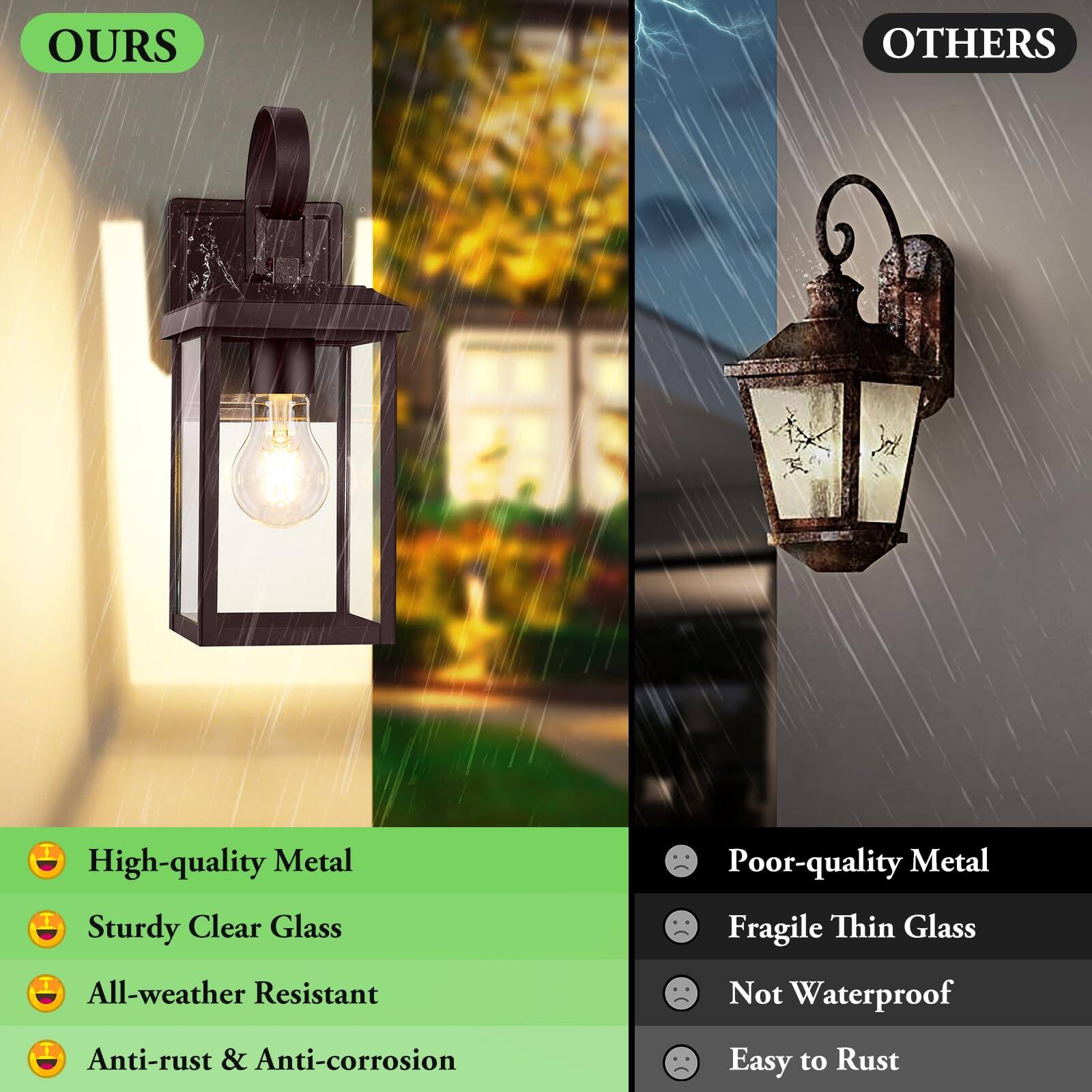 **OURS**

- High-quality Metal
- Sturdy Clear Glass
- All-weather Resistant
- Anti-rust & Anti-corrosion

**OTHERS**

- Poor-quality Metal
- Fragile Thin Glass
- Not Waterproof
- Easy to Rust