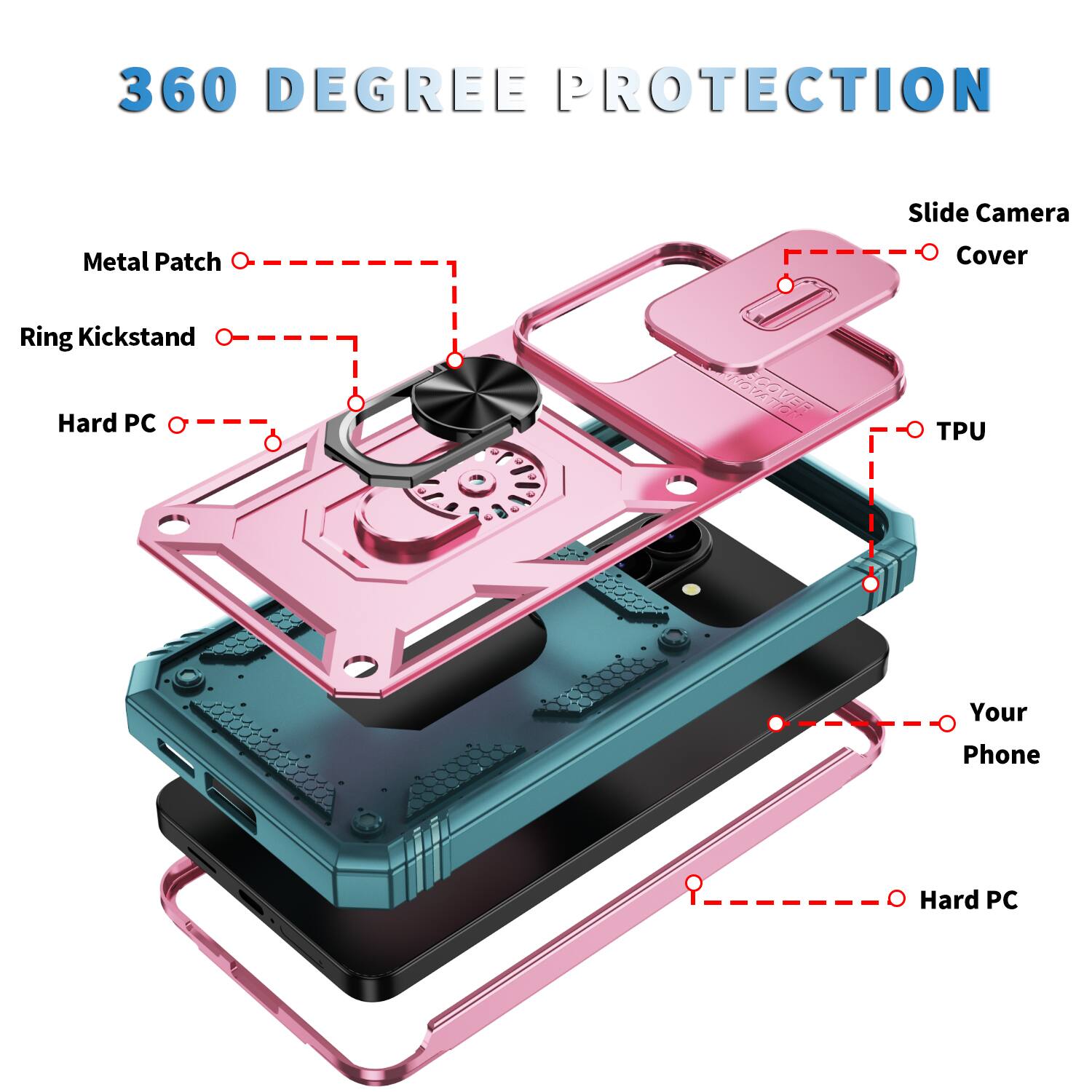 360 Degree Protection

Slide Camera Metal Patch Cover Ring Kickstand Hard PC TPU Your Phone