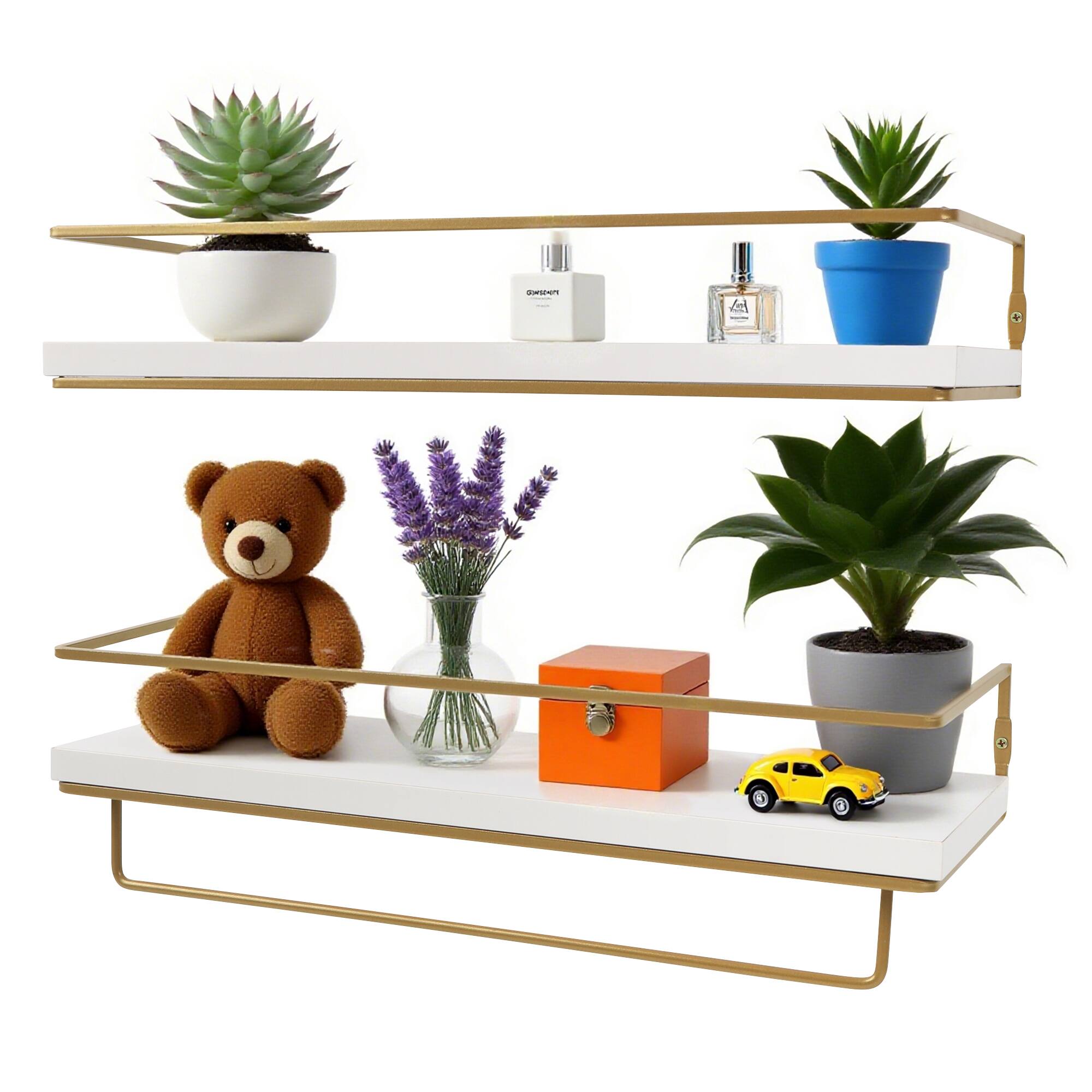 Left. Dazzed Corner - Floating Shelves - Set of 2, Wall Mounted Hanging Shelves with Golden Towel Rack. - White.