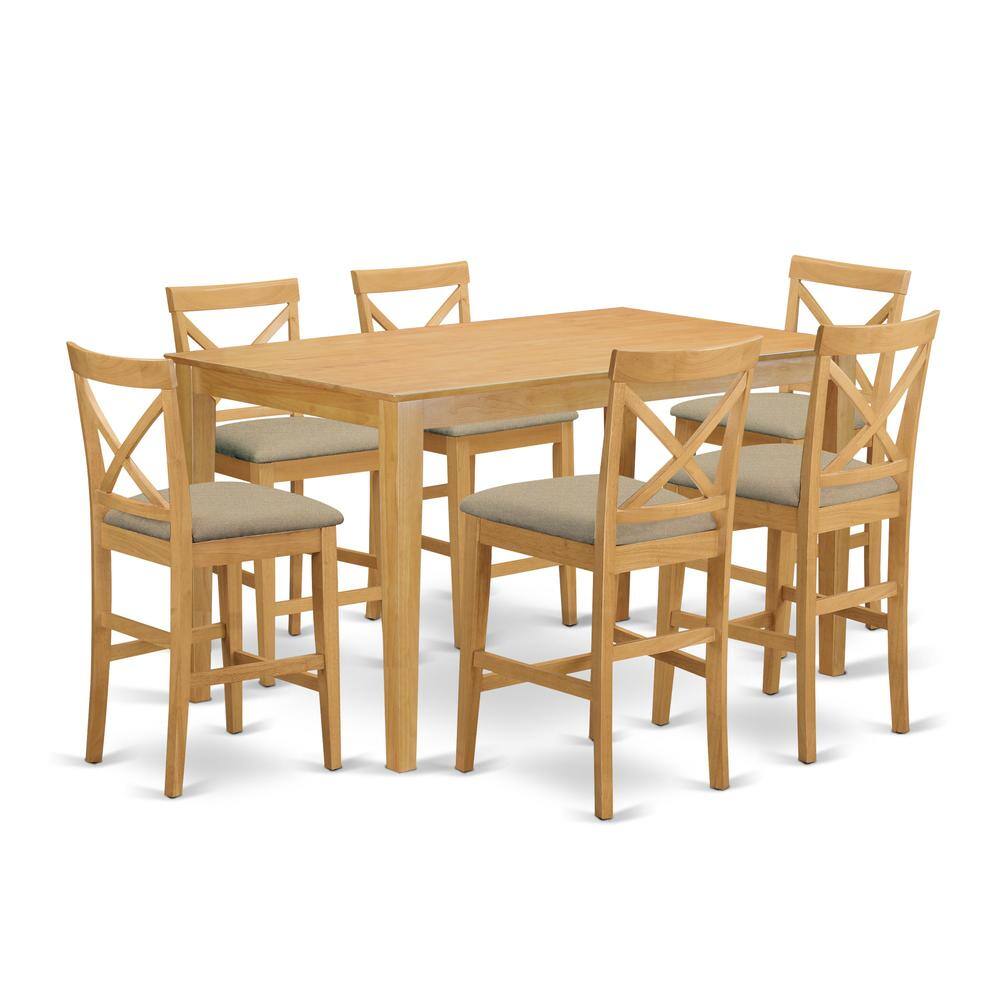 Front. East West Furniture - CAPB7H-OAK-C 7 Pc counter height Dining room set-pub Table and 6 bar stools with backs - Oak.