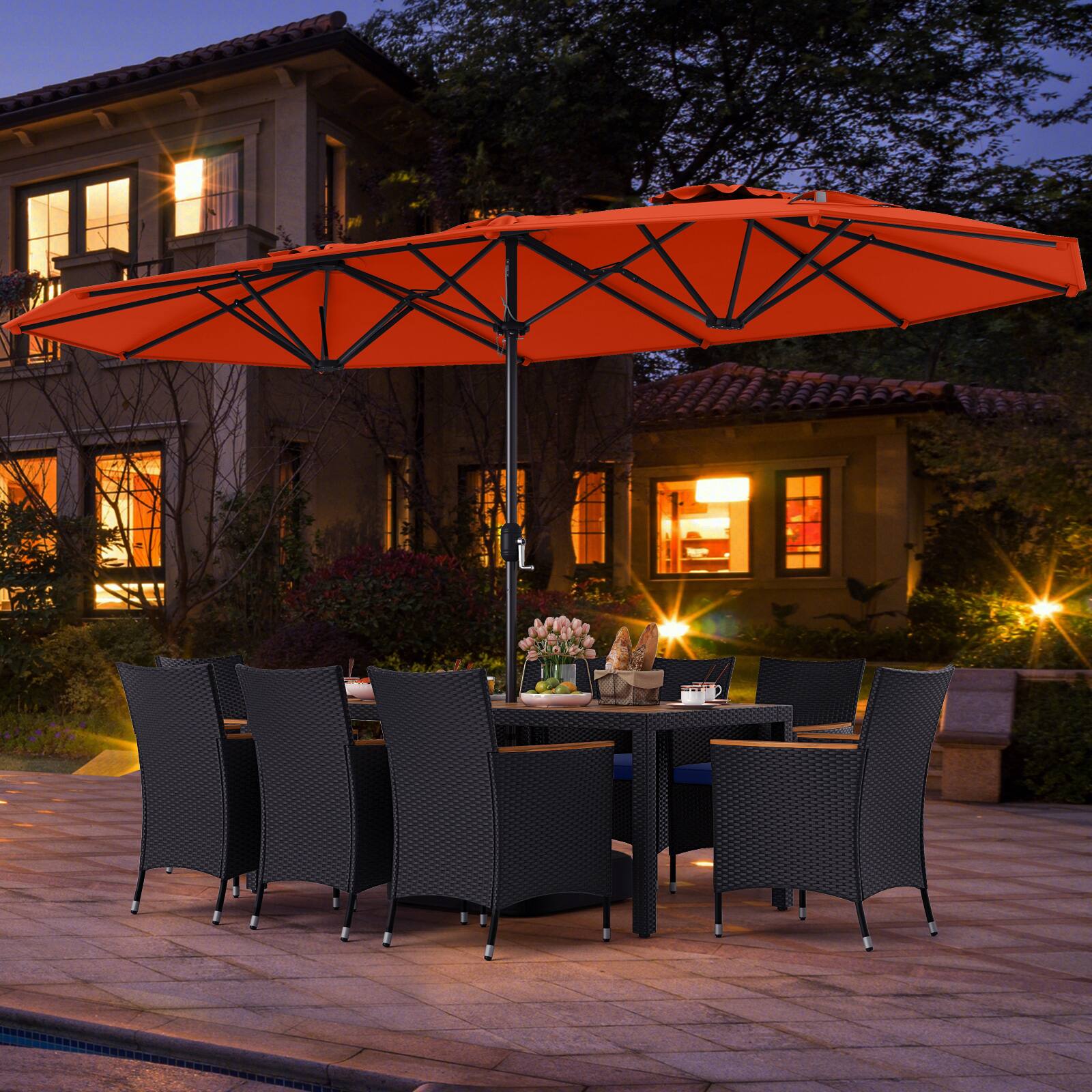 Alt View 4. Costway - Costway 11 PCS Patio Wicker Dining Set with Double-Sided Outdoor Umbrella 8 Stackable Chairs - Orange+Navy.