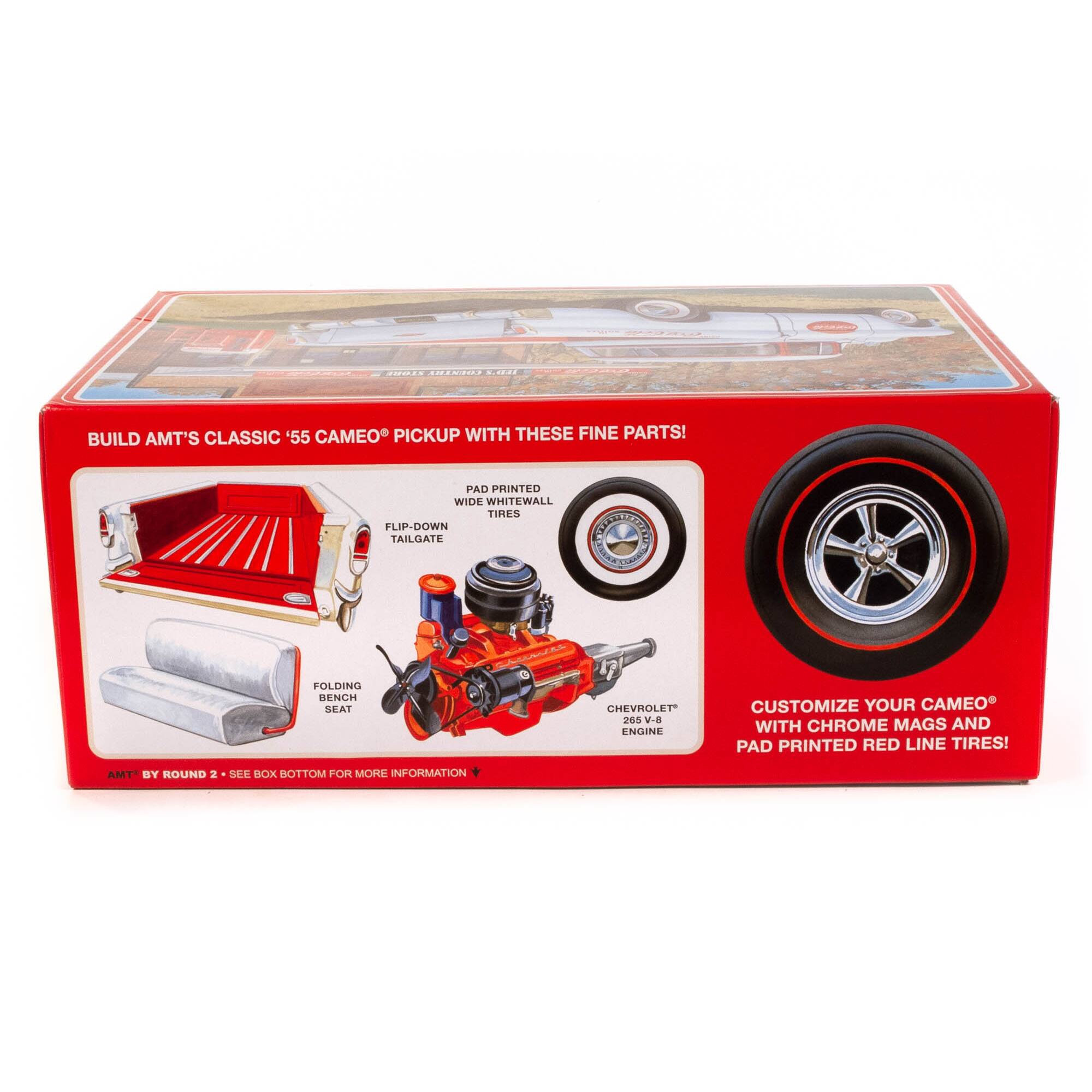 Build AMT's Classic '55 Cameo Pickup with These Fine Parts! Pad Printed Wide Whitewall Tires Flip-Down Tailgate Dualie Folding Bench Seat Chevrolet 265 V-8 Engine Customize Your Cameo with Chrome Mags and Pad Printed Red Line Tires! AMT by Round 2 See Box Bottom for More Information.