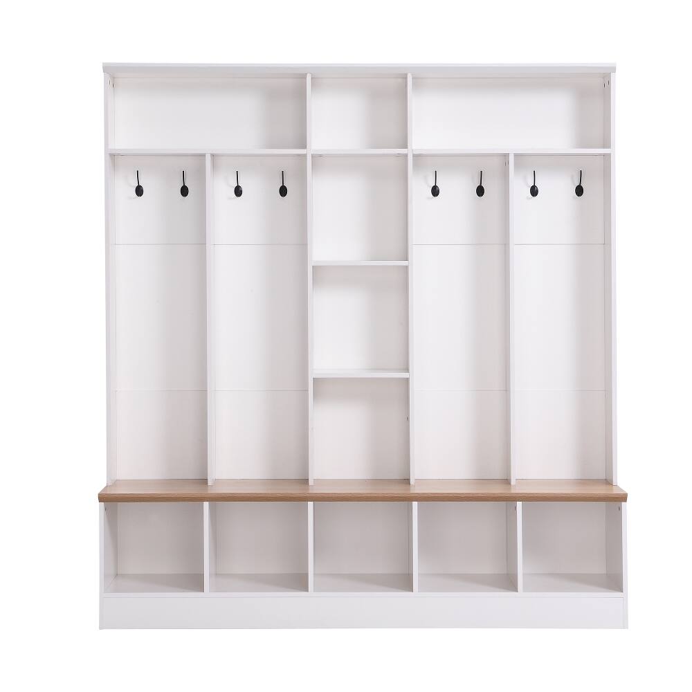 Alt View 4. Loheer - Loheer White Hall Tree with Storage Bench Minimalist Shoe Cabinet 67 Inch - White.