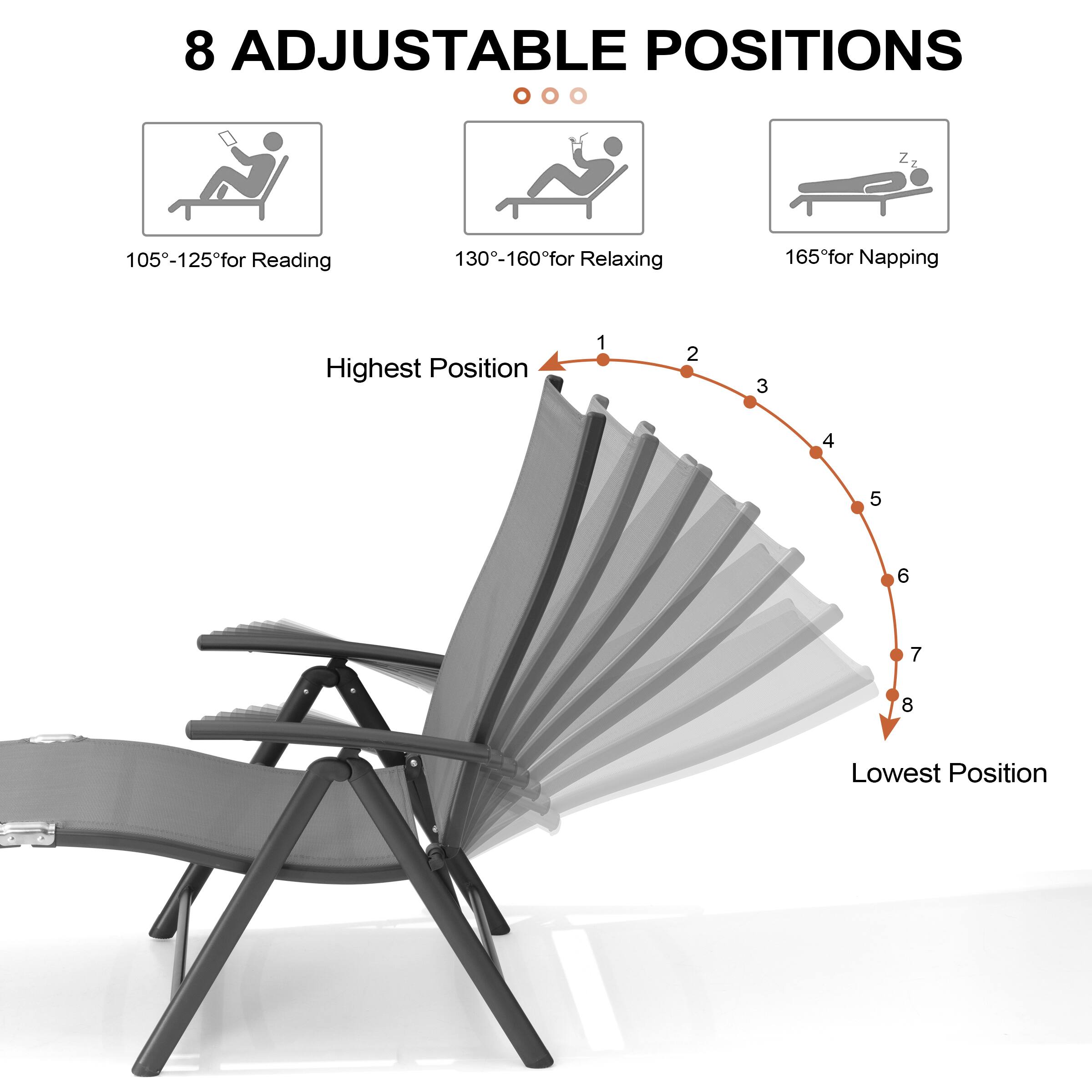 8 Adjustable Positions

105°-125° for Reading  
130°-160° for Relaxing  
165° for Napping  

Highest Position  
1 2 3 4 5 6 7 8  
Lowest Position