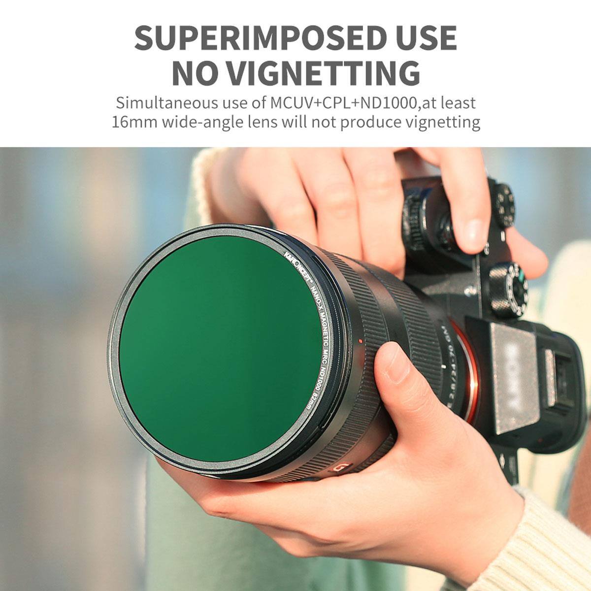 SUPERIMPOSED USE NO VIGNETTING  
Simultaneous use of MCUV+CPL+ND1000, at least 16mm wide-angle lens will not produce vignetting  

KARONCET NCEPT NANO-X MAGNETIC MRC ND1000/82mm ND1000 82mm