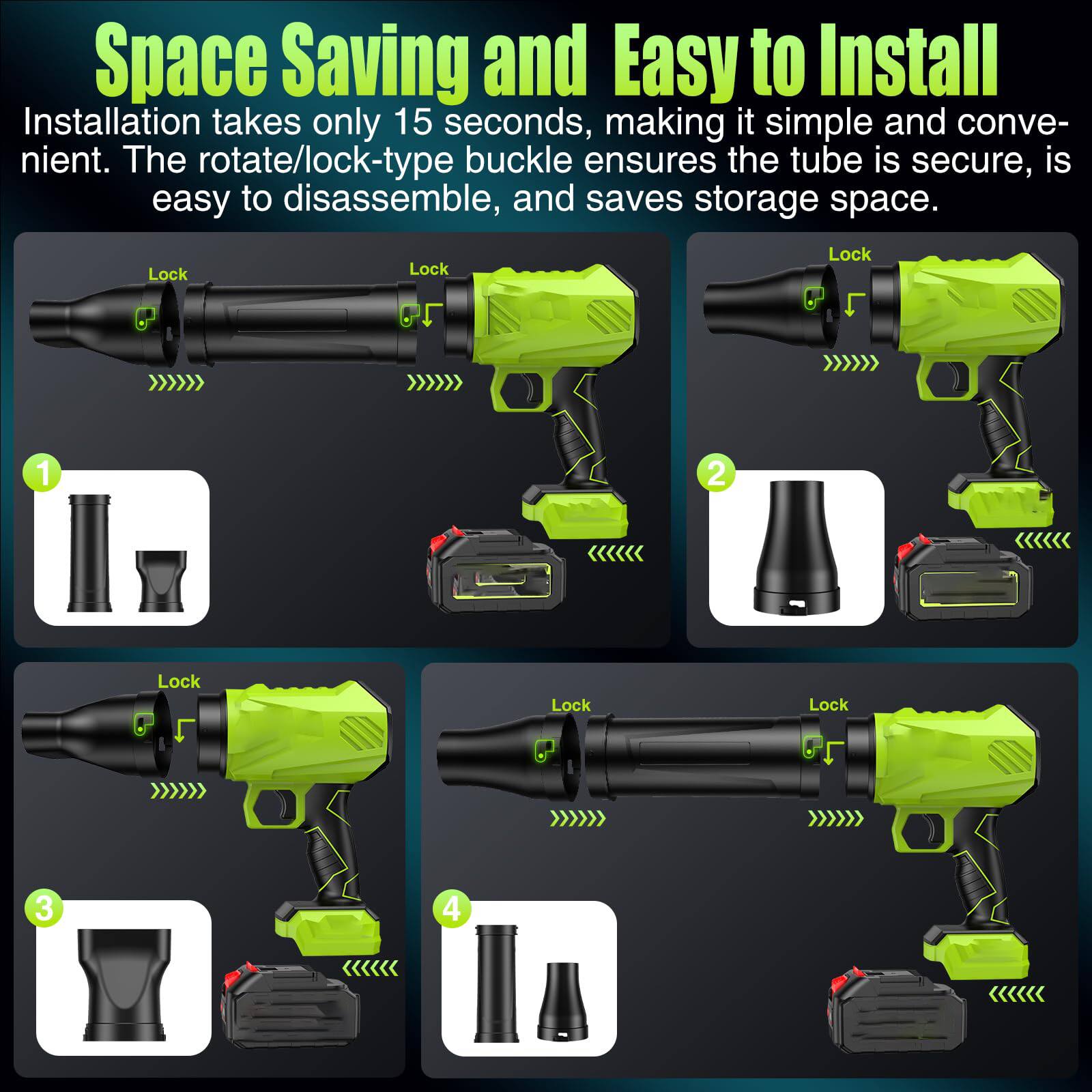 Space Saving and Easy to Install

Installation takes only 15 seconds, making it simple and convenient. The rotate/lock-type buckle ensures the tube is secure, is easy to disassemble, and saves storage space.

1. Lock
2. Lock
3. Lock
4. Lock
