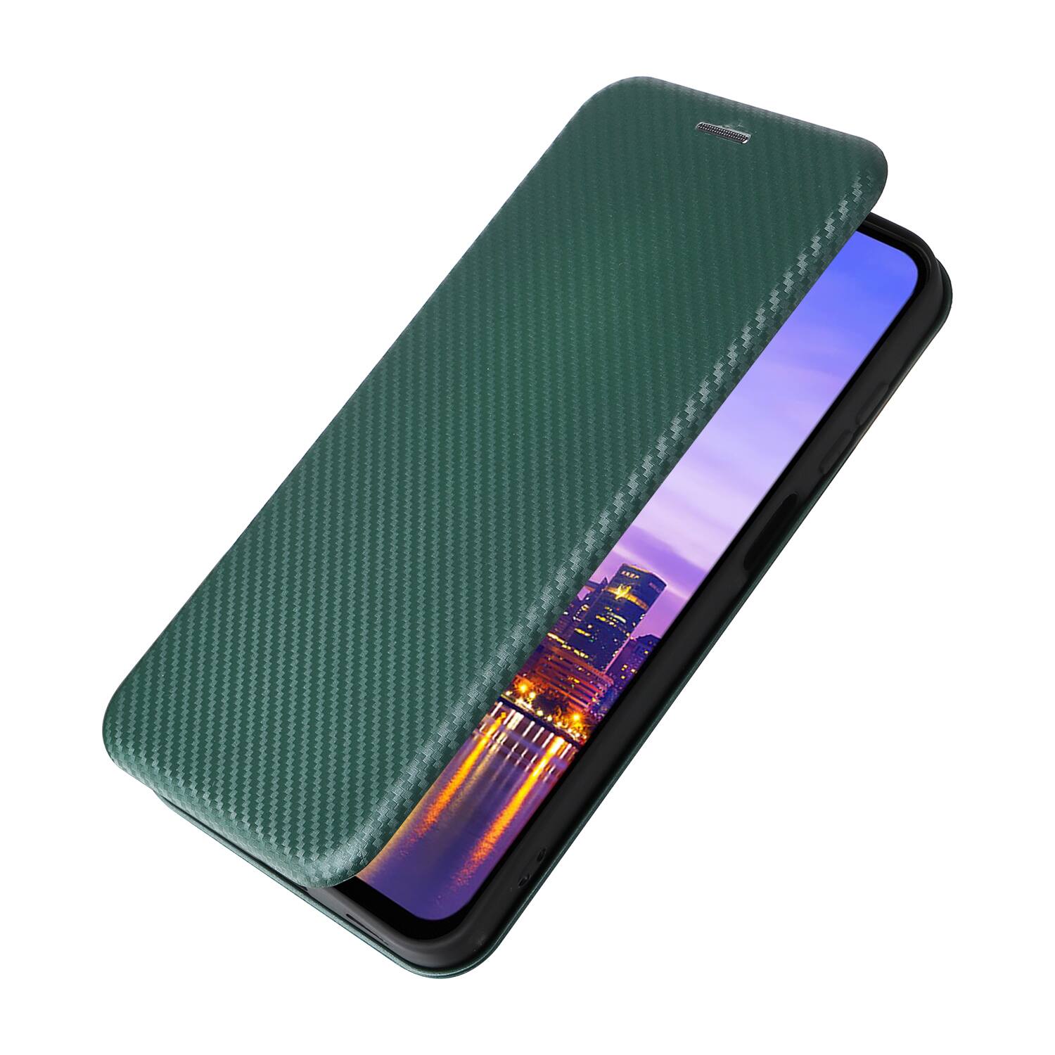 Left. Dteck - Carbon Fiber Texture Folio Phone Case for Samsung Galaxy A16 5G,PU Leather Magnetic Closure Hidden Card Slot Flip Cover - Green.