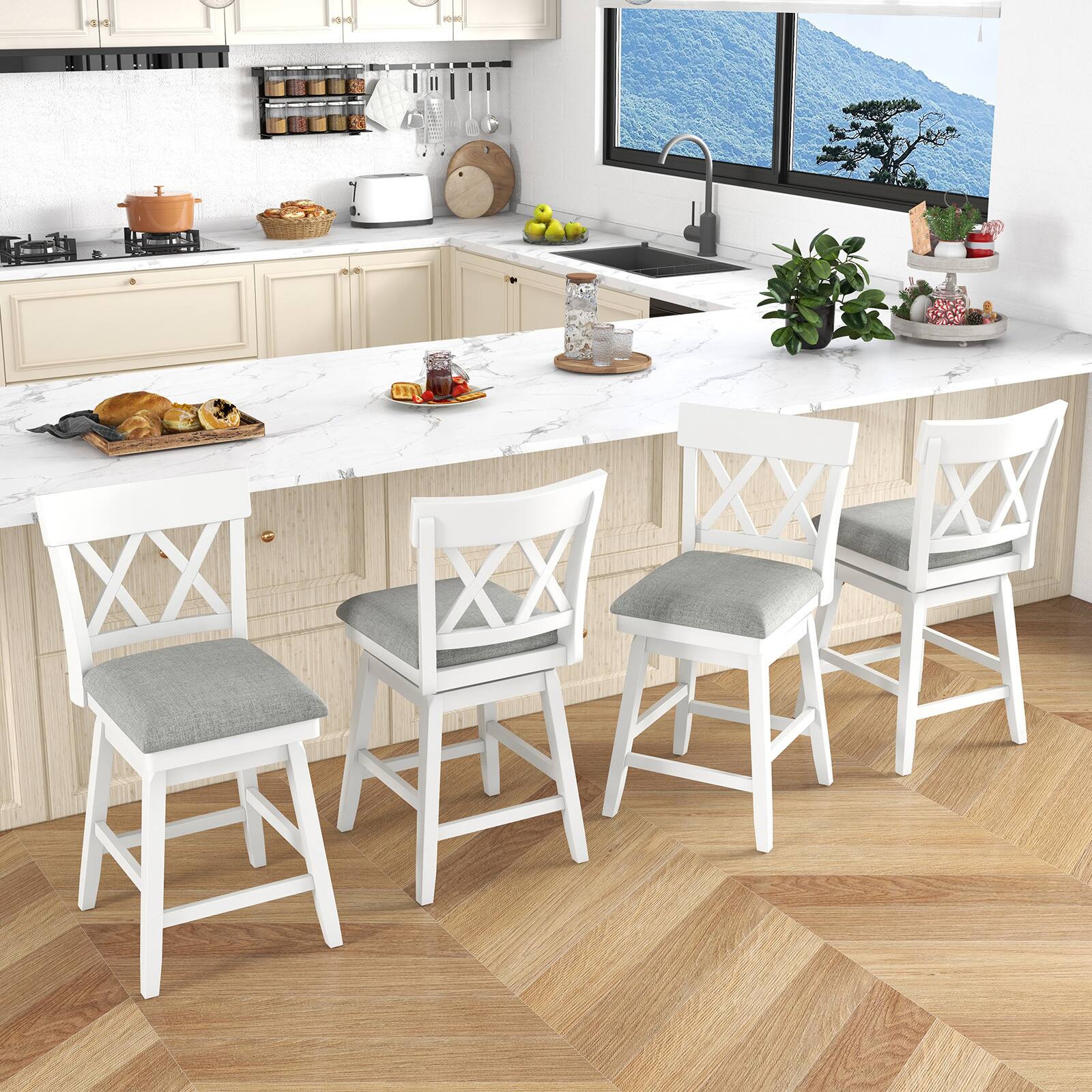 Alt View 9. Gymax - Gymax 26'' Bar Stool Wooden Chair Set of 2 w/Contoured Backrest Swivel Padded Seat White & Gray - White, Gray.