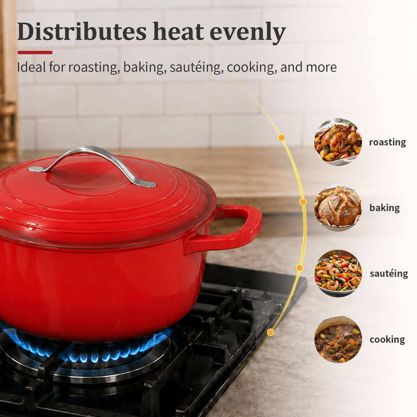 Distributes heat evenly  
Ideal for roasting, baking, sautéing, cooking, and more

roasting  
baking  
sautéing  
cooking