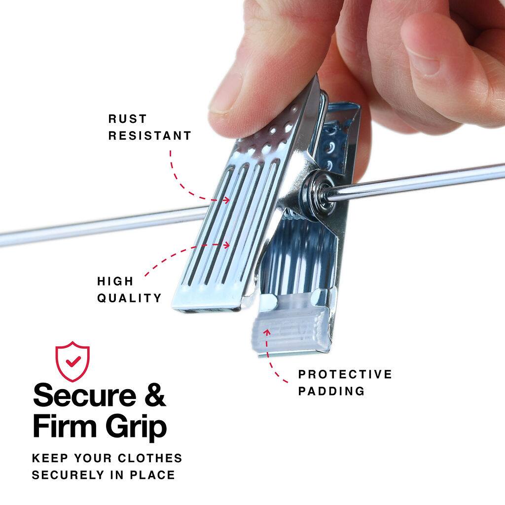 - RUST RESISTANT
- HIGH QUALITY
- PROTECTIVE PADDING

Secure & Firm Grip  
KEEP YOUR CLOTHES SECURELY IN PLACE