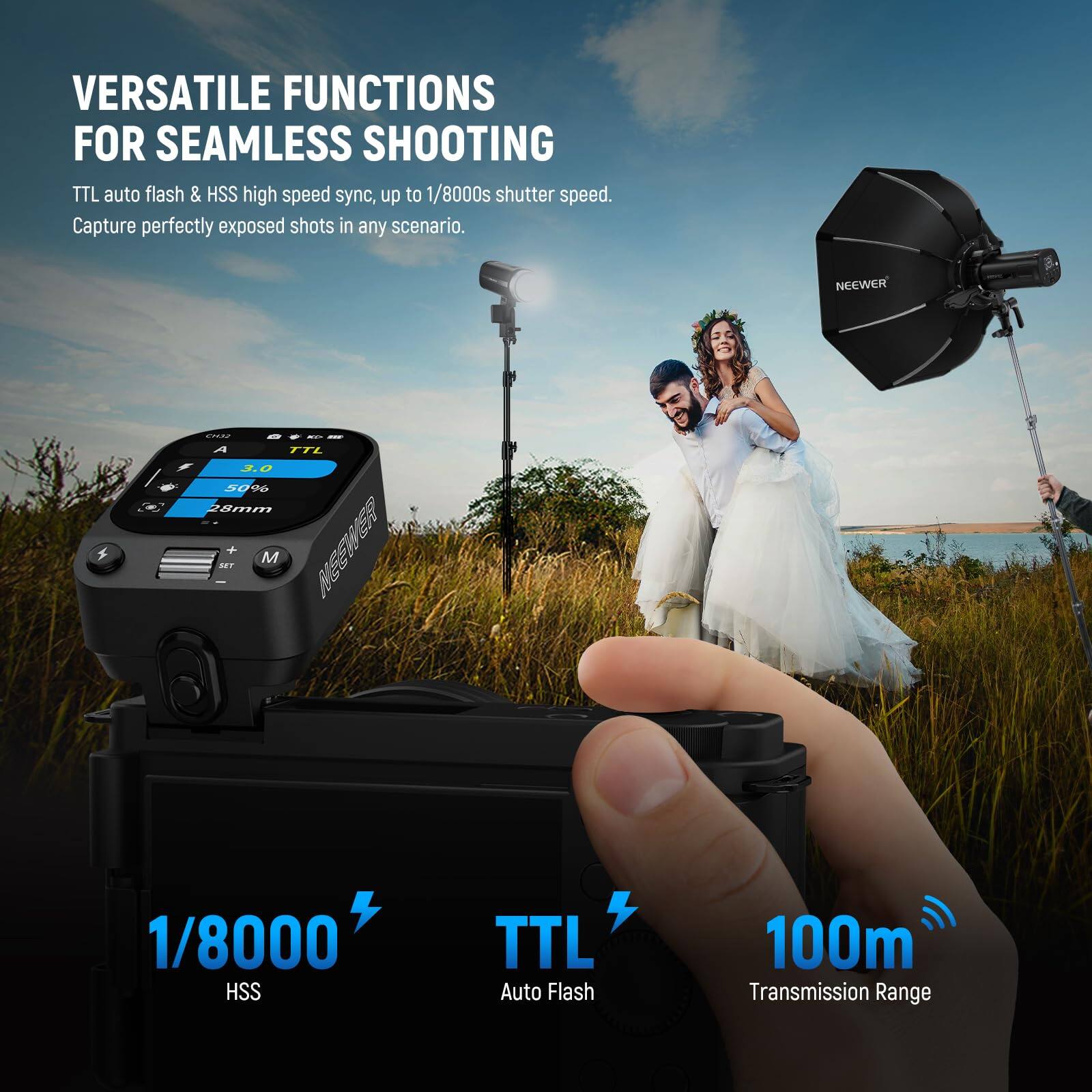 VERSATILE FUNCTIONS FOR SEAMLESS SHOOTING  
TTL auto flash & HSS high speed sync, up to 1/8000s shutter speed. Capture perfectly exposed shots in any scenario.  

NEEWER TTL H I 3.0 50% 28mm + M AET 1/8000 HSS TTL Auto Flash 100m Transmission Range