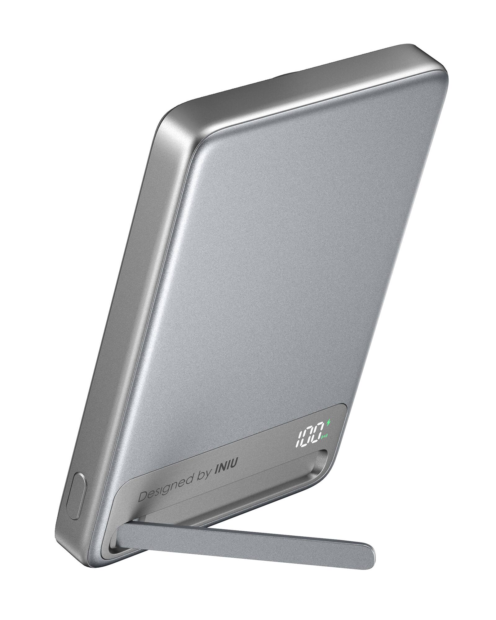 The image features a silver case with a sticker that says "Designed by INIU." The case is likely a cell phone case, as it is designed to hold a cell phone securely. The sticker indicates that the case was designed by INIU, a company that specializes in creating unique and stylish phone cases.