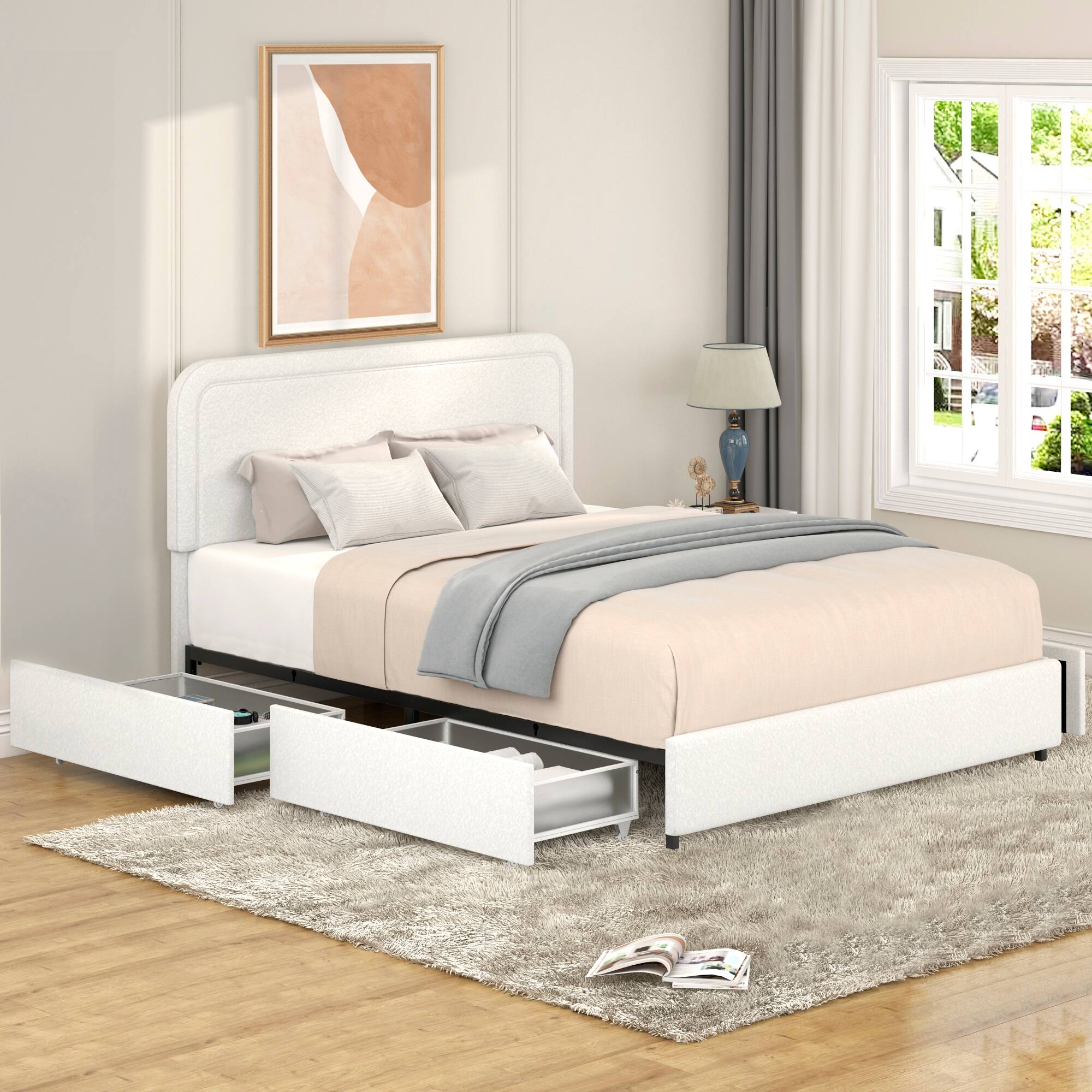 Alt View 5. GOODSILO - Queen Upholstered Platform Bed with 4 Storage Drawers & Tufted Headboard - Ivory.