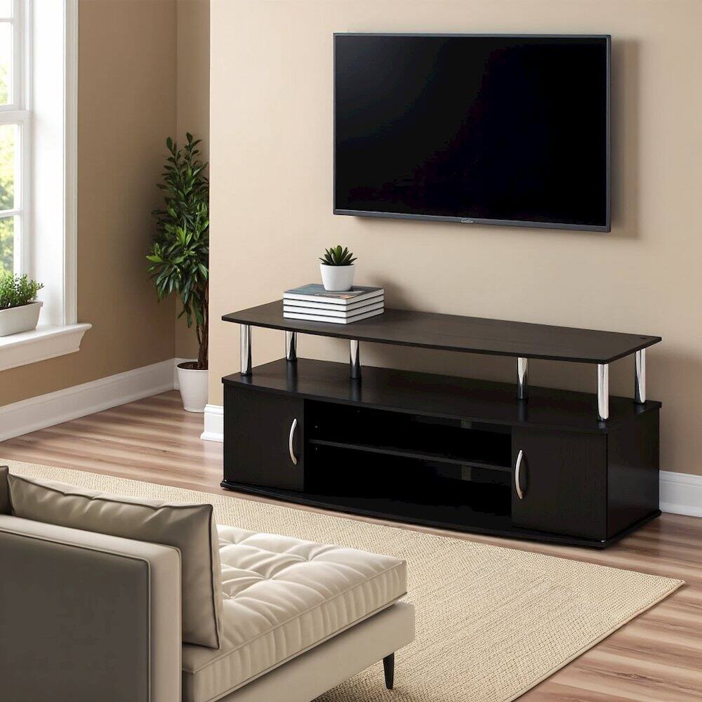 Angle. FurniFact - Modern Black 55 Inch TV Console with Shelves and Cabinets for Storage - Americano/Stainless Steel.