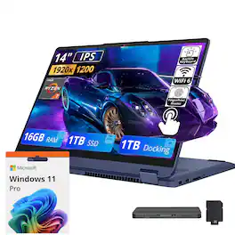 Lenovo - Upgraded - IdeaPad Flex 5 14" WUXGA 2-in-1 Touch Laptop,Ryzen 7 7730U,16GB RAM,1TB SSD+1TB Dock,Backlit,Fingerprint,Win11Pro - Abyss Blue
