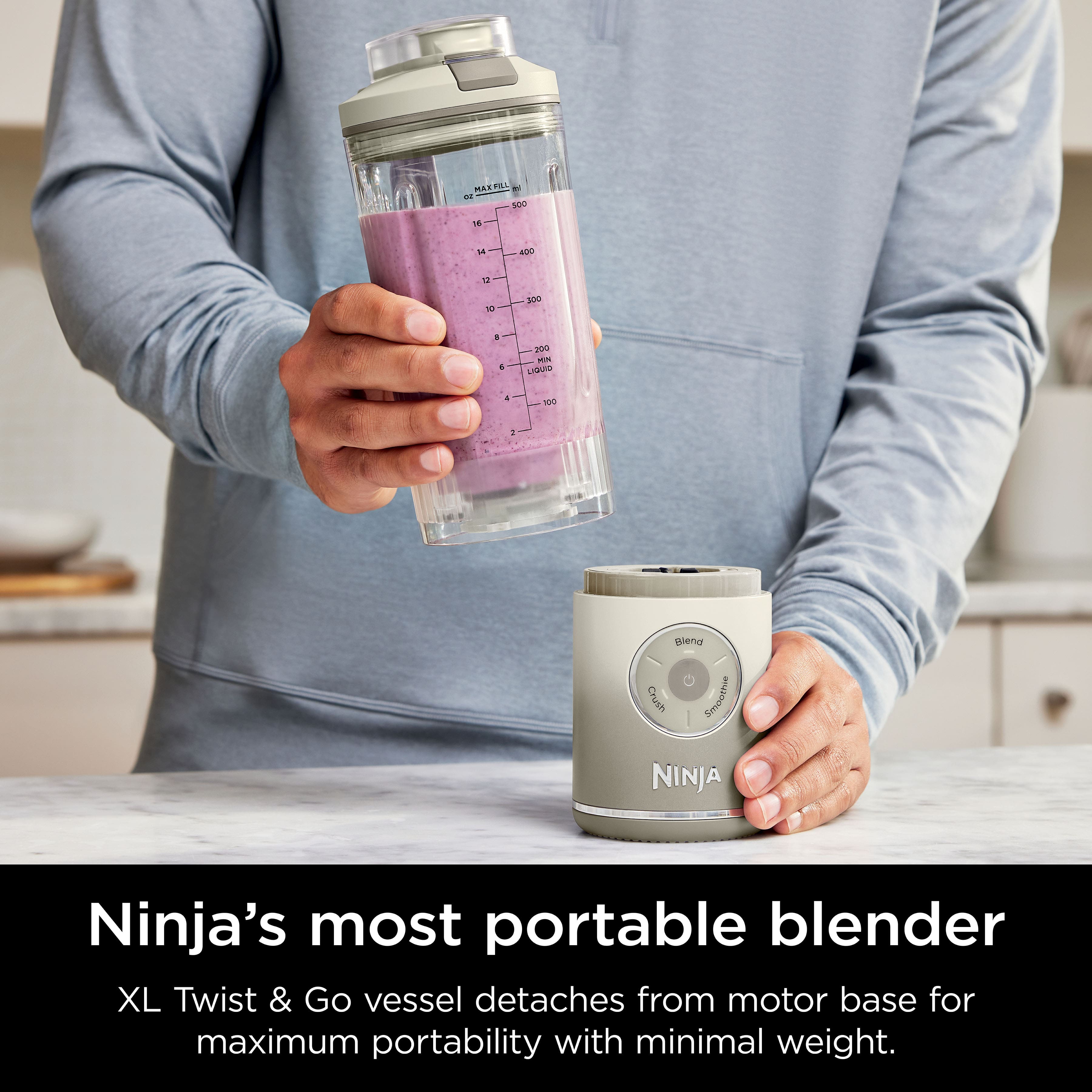 Ninja's most portable blender XL Twist & Go vessel detaches from motor base for maximum portability with minimal weight.