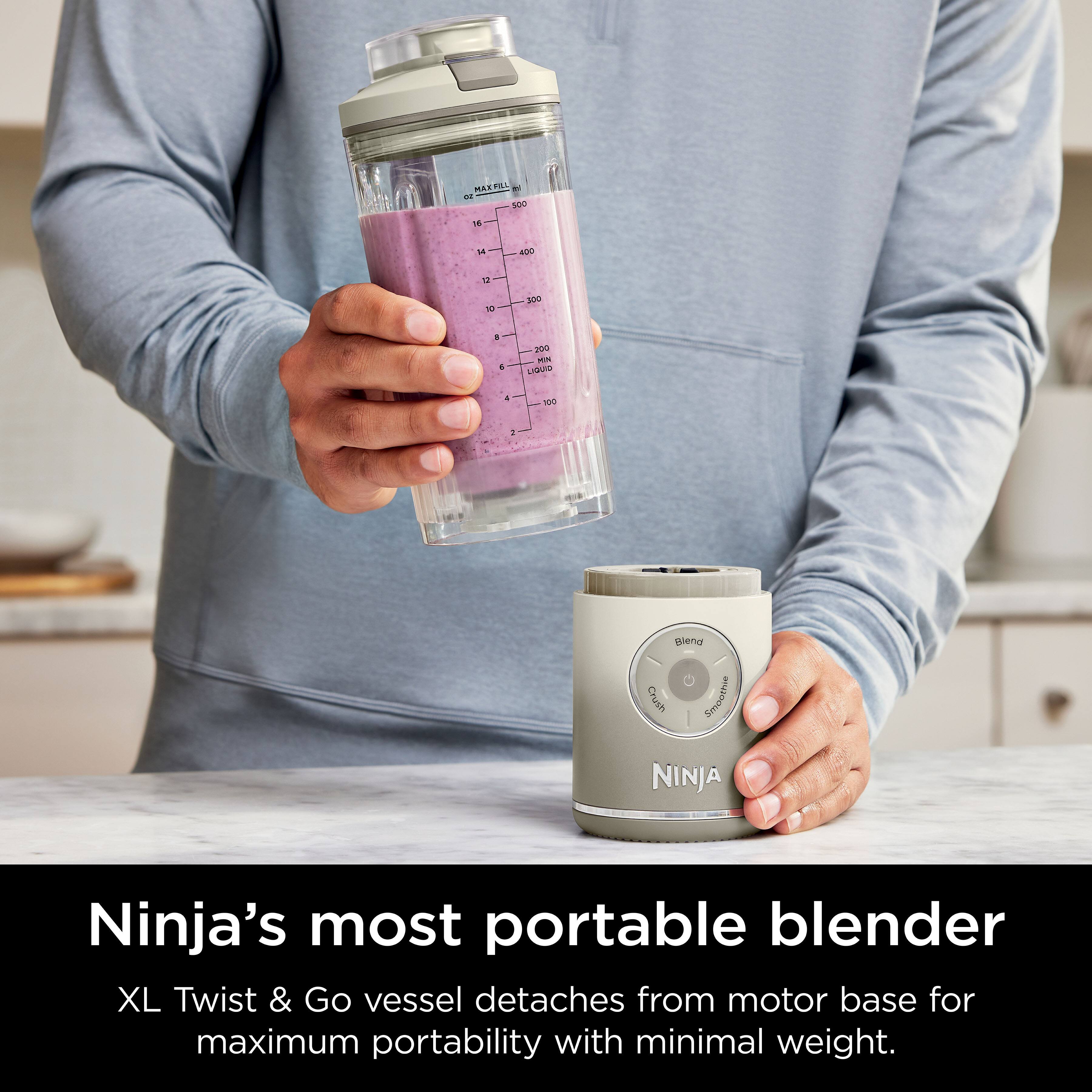 Ninja's most portable blender XL Twist & Go vessel detaches from motor base for maximum portability with minimal weight.