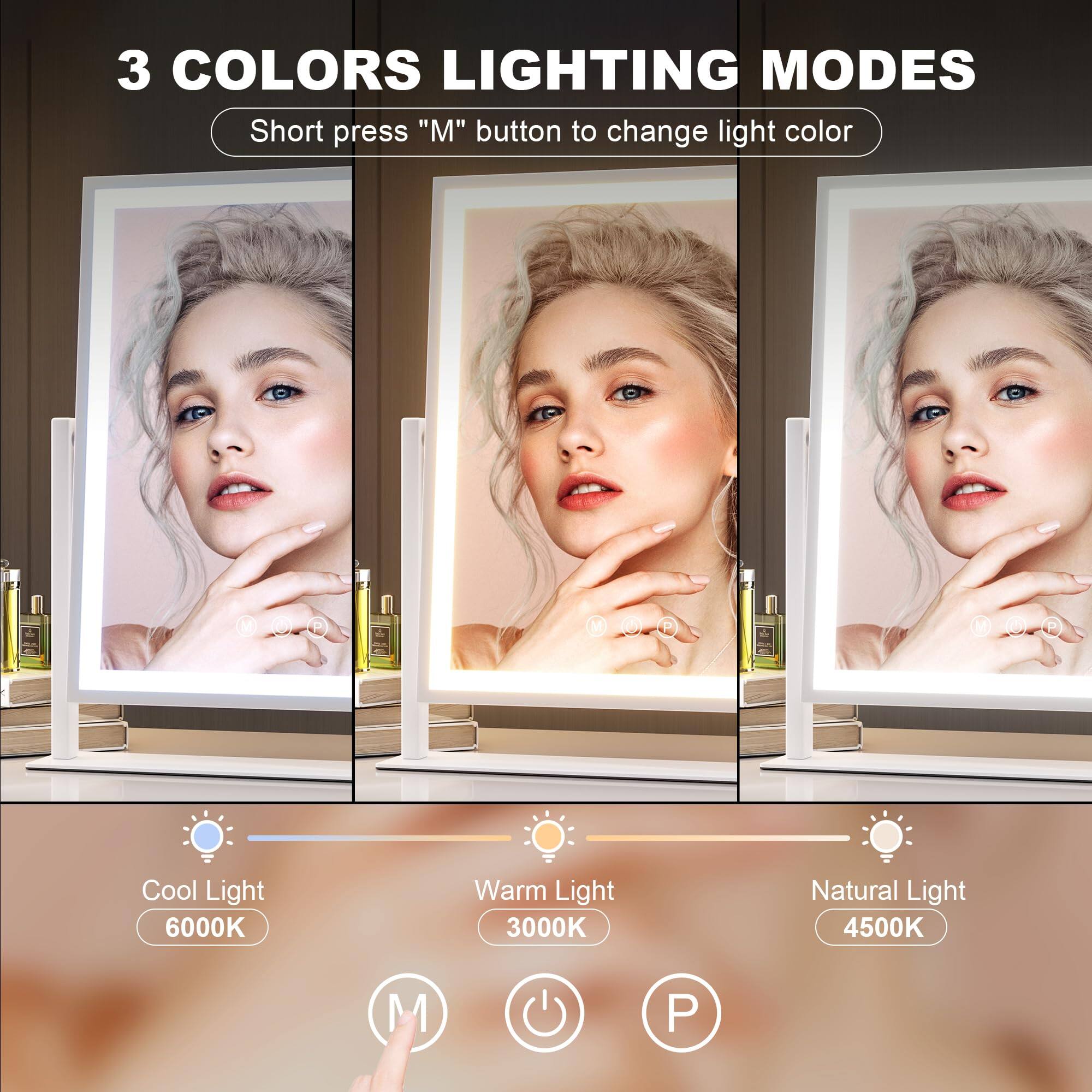 3 COLORS LIGHTING MODES

Short press "M" button to change light color

Cool Light 6000K  
Warm Light 3000K  
Natural Light 4500K