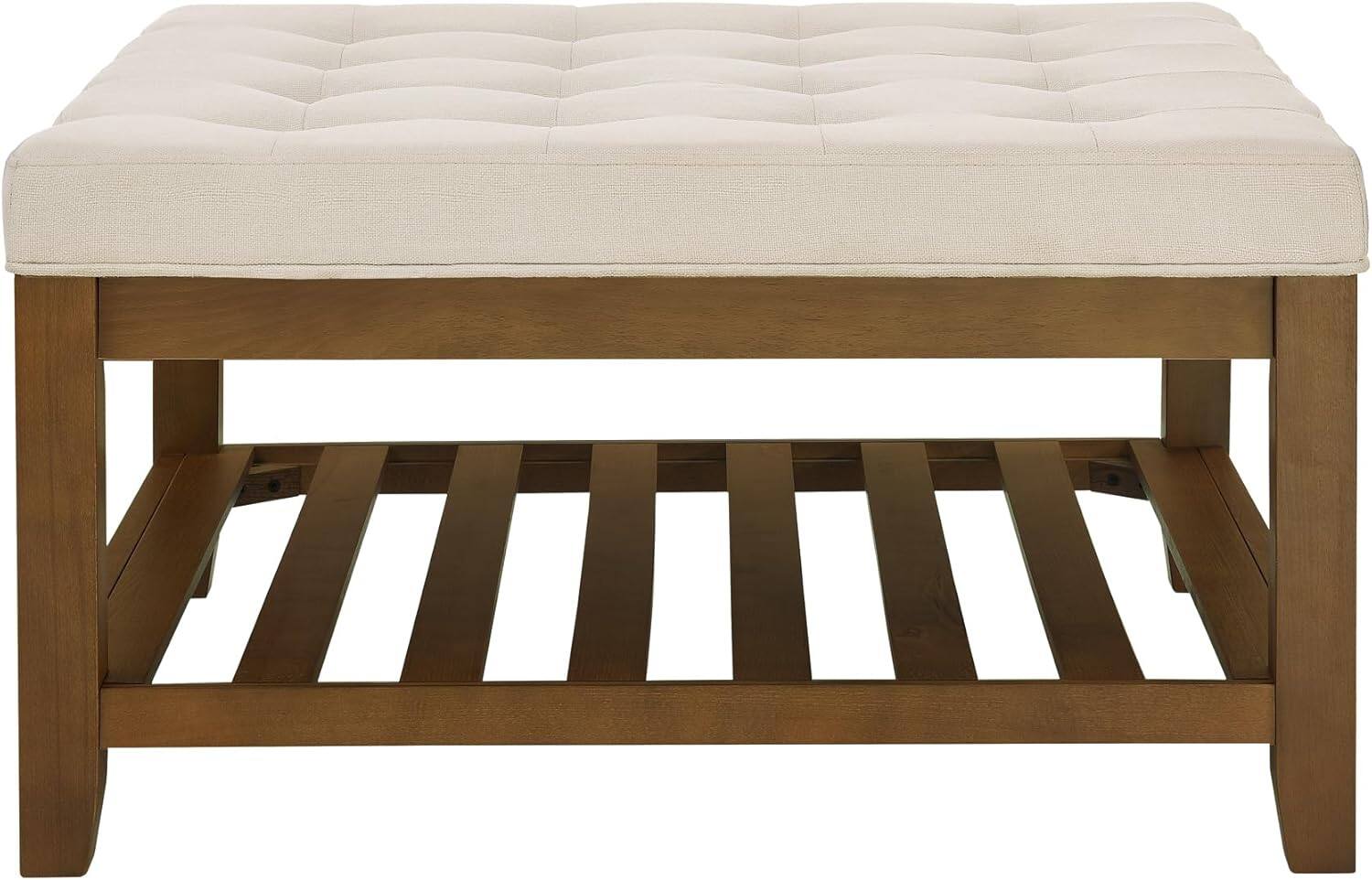 Alt View 5. Trinkets Crazed - Large Square Upholstered Tufted Linen Ottoman Coffee Table, Large Footrest Ottoman with Solid Wood Shelf - IVORY .