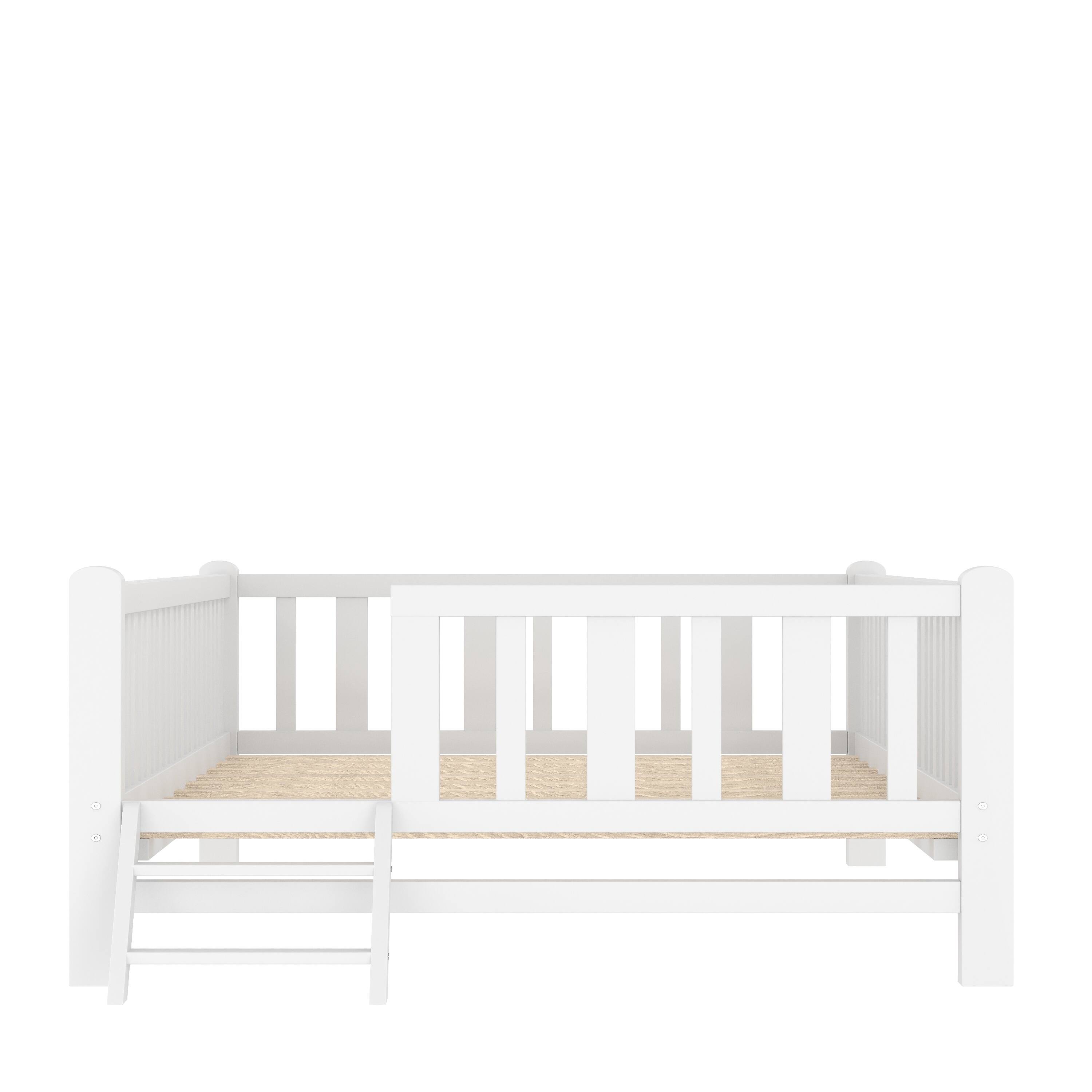 Alt View 1. Whisen - Twin Size Wood Platform Bed with Full-Surrounding Guardrails, Sturdy Kids' Bed Frame - White.