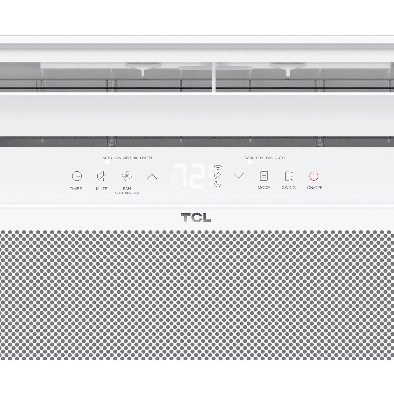 TCL air conditioner with a timer that can be set to auto, low, medium, or high. The filter can be muted, and the fan can be set to swing on or off. The air conditioner also has a cool or dry mode, and it can be set to auto or manual mode.