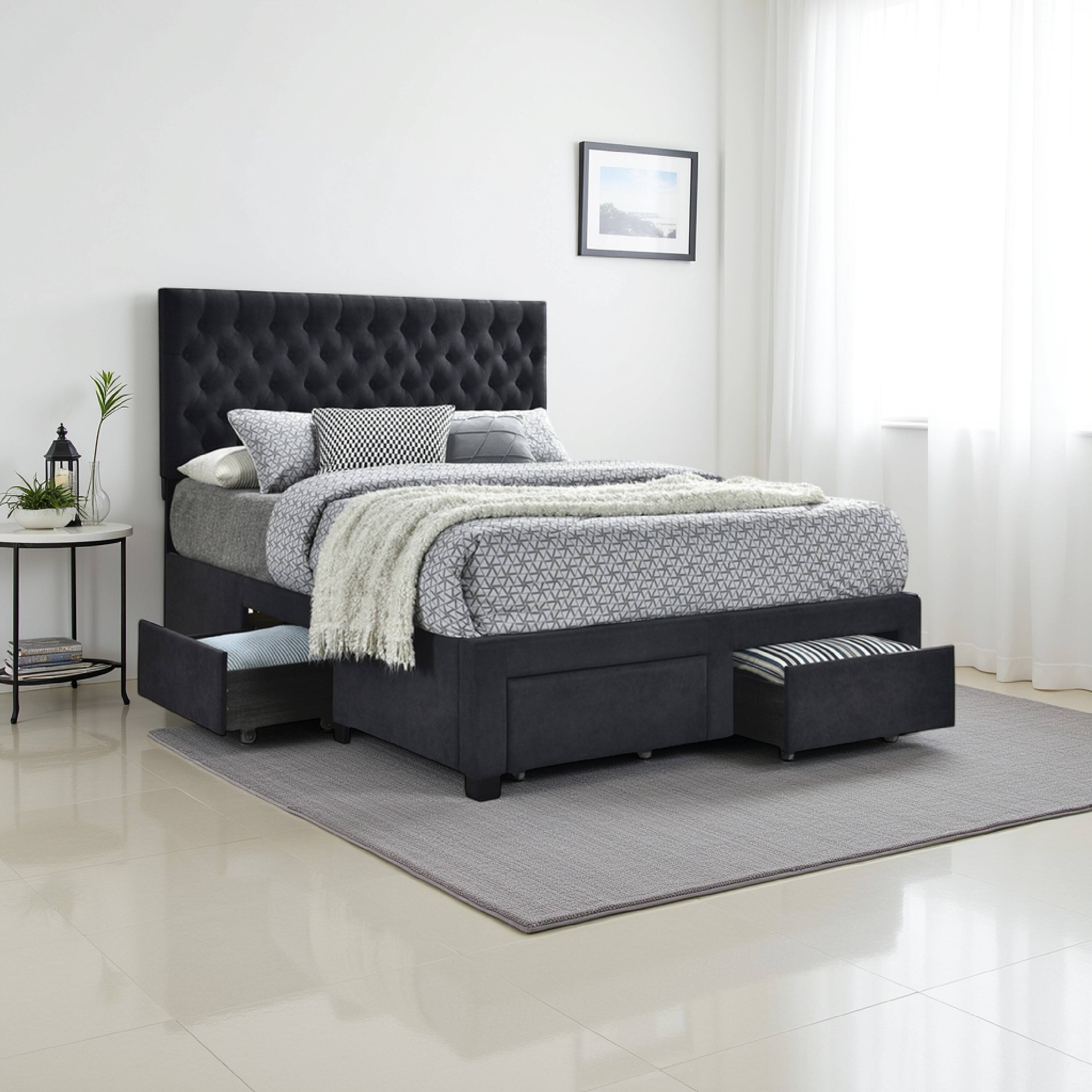 Alt View 5. Manhattan Lane - Fabric Upholstered Wooden Queen Size Bed with Bottom Drawers - Black.