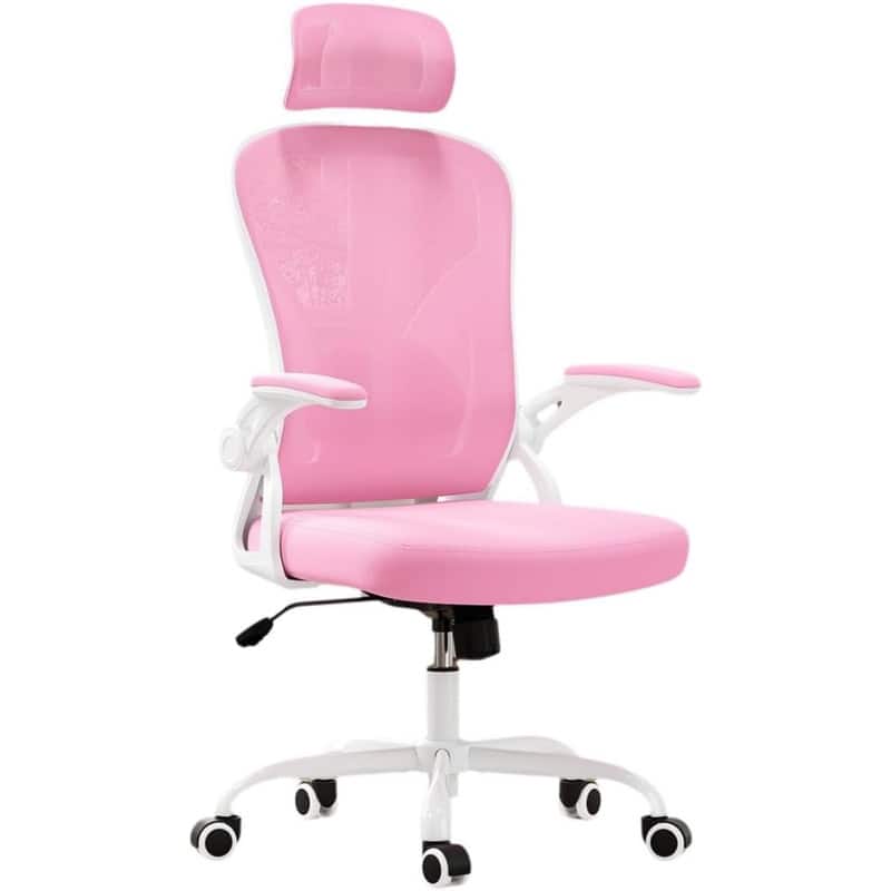 HTUTWOO - Ergonomic Office Chair with Adjustable Lumbar Support & Headrest, Space-Saving Flip-Up Armrests for Home Office,Gaming - Pink + White
