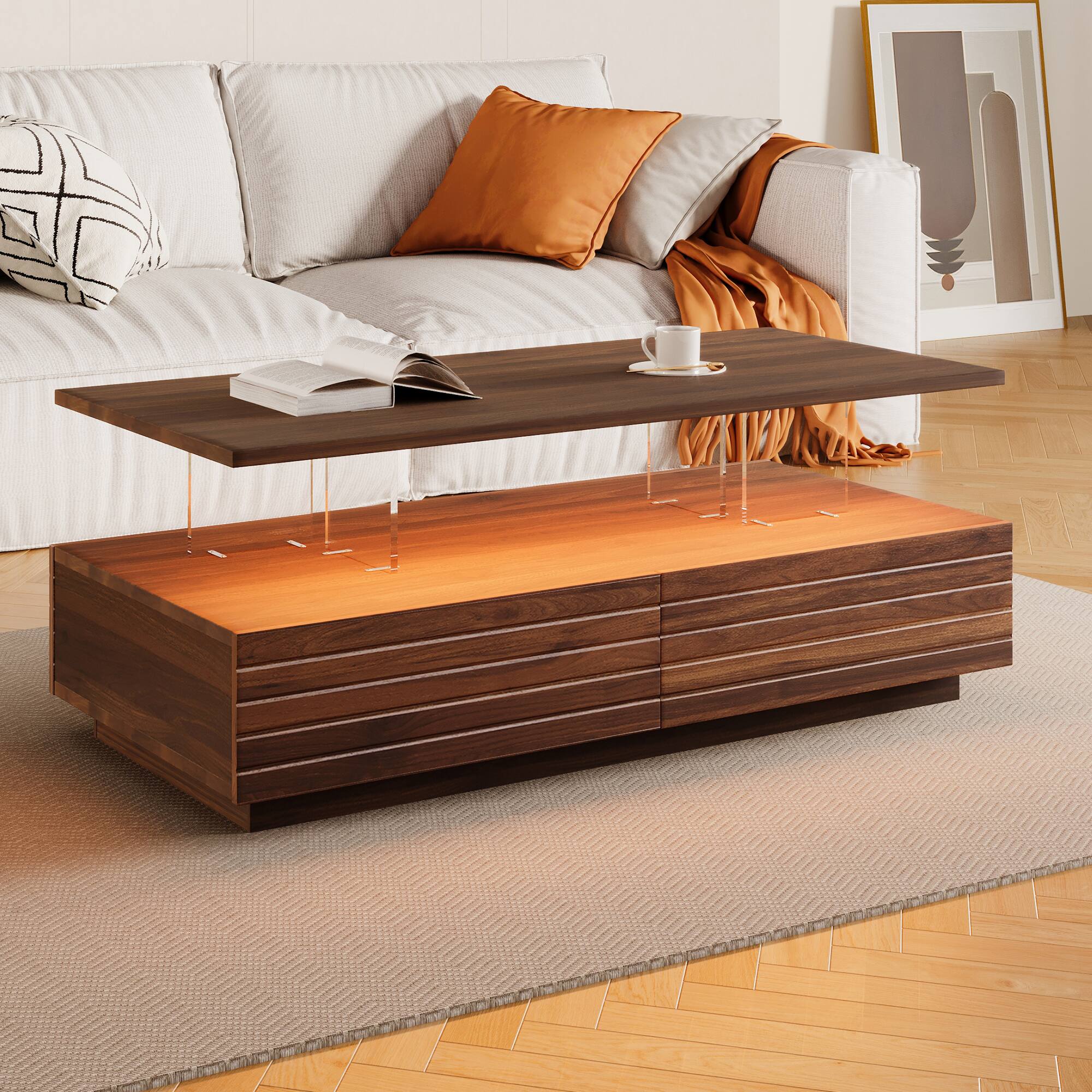 Back. Tiramisubest - Modern Walnut Rectangular LED Lights Coffee Table with 2 drawers in 47.2" - Walnut.