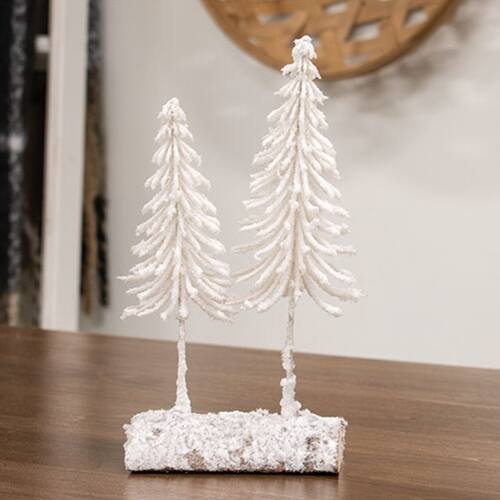 Angle. BreeBe - Heavy Flocked White Pine Tree Pair on Log - White.