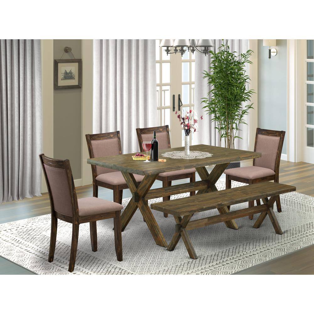 Alt View 3. East West Furniture - X776MZ748-6 - 6-Pc Dining Set - 4 Dining Chairs, a Dining Bench and 1 Modern Dining Table (Distressed Jacobean Finish) - Multi-Color.