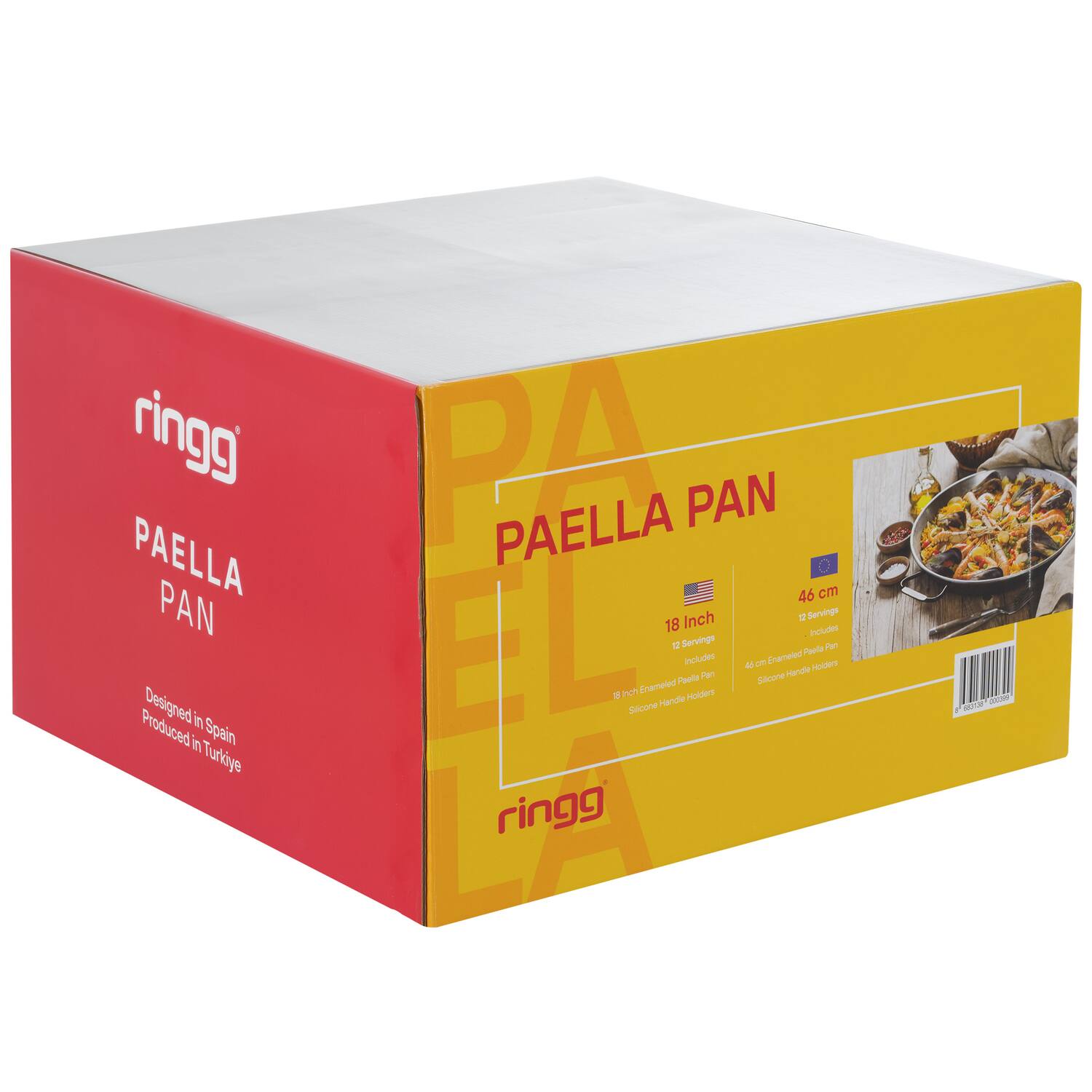 ringg PAELLA PAN  
Designed in Spain  
Produced in Türkiye  

PAELLA PAN  
46 cm (18 Inch)  
12 Servings  

Includes:  
18 Inch Enamel Paella Pan  
Silicone Handle Holders  

Made in Turkey