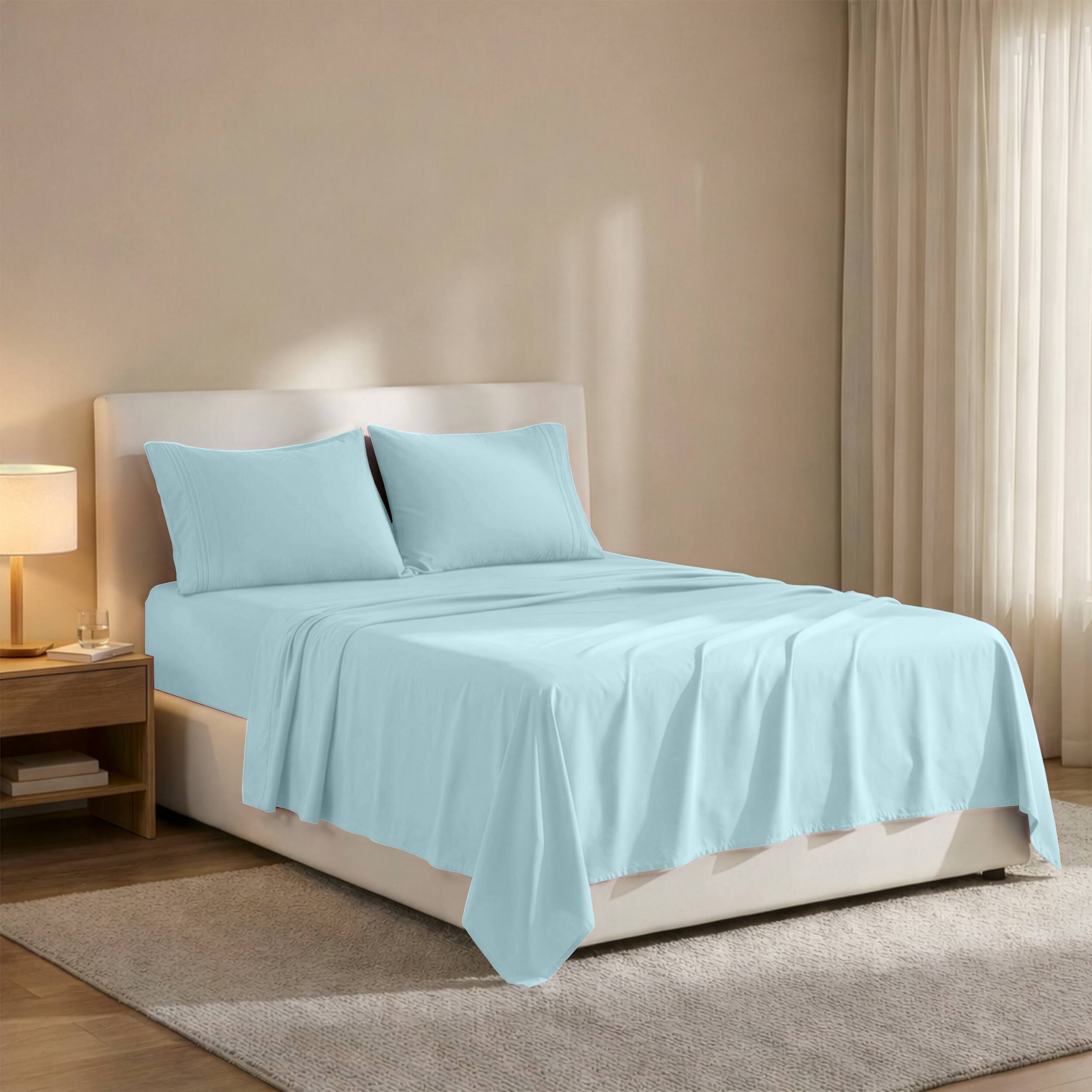 Angle. Lux Decor Collection - 4-Piece King Bed Sheet Set, Ultra Soft Microfiber, Deep Pocket, Wrinkle-Resistant, Hypoallergenic, All-Season Comfort - Blue.